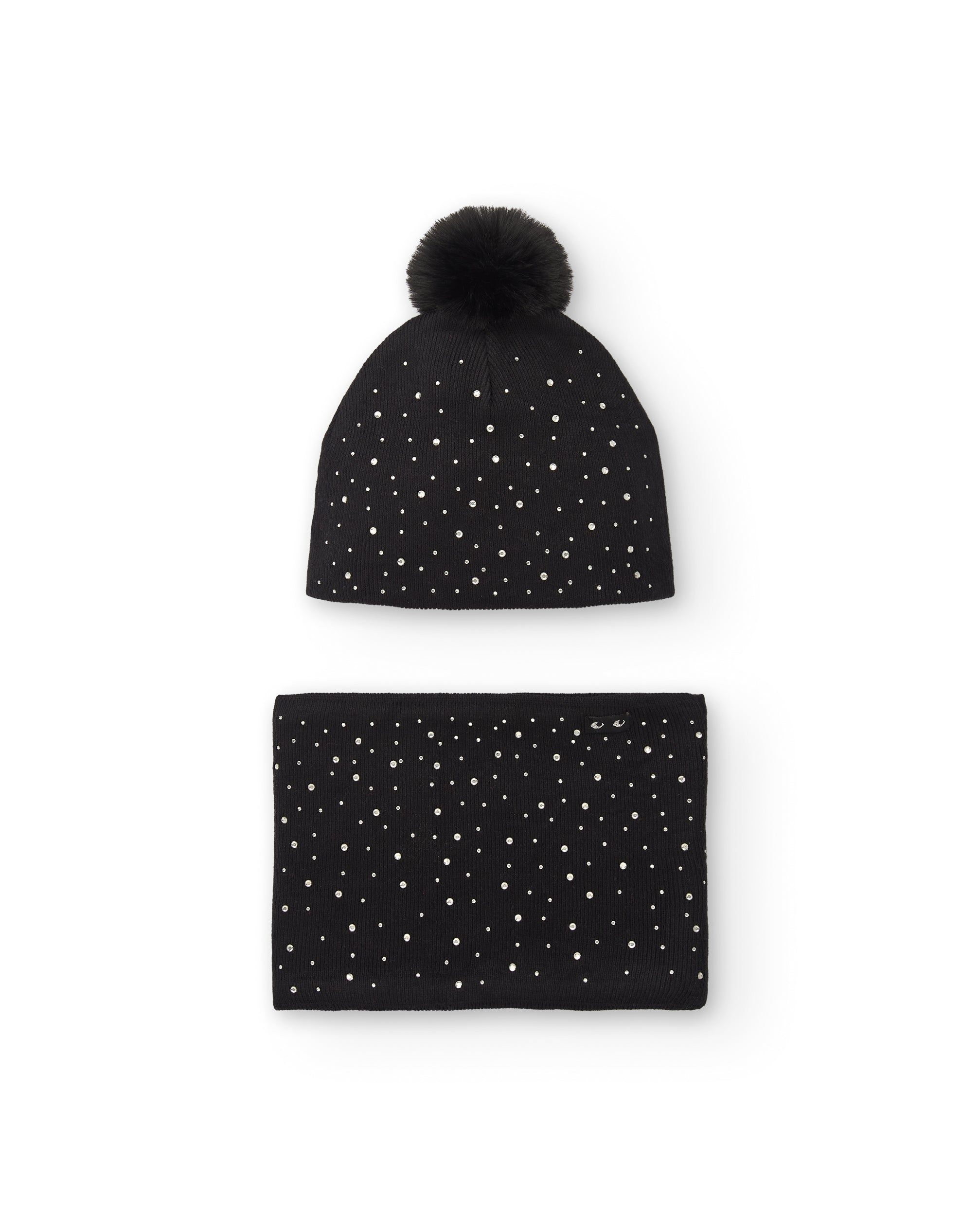 Set de gorro y bufanda negra con pompones y apliques brillantes