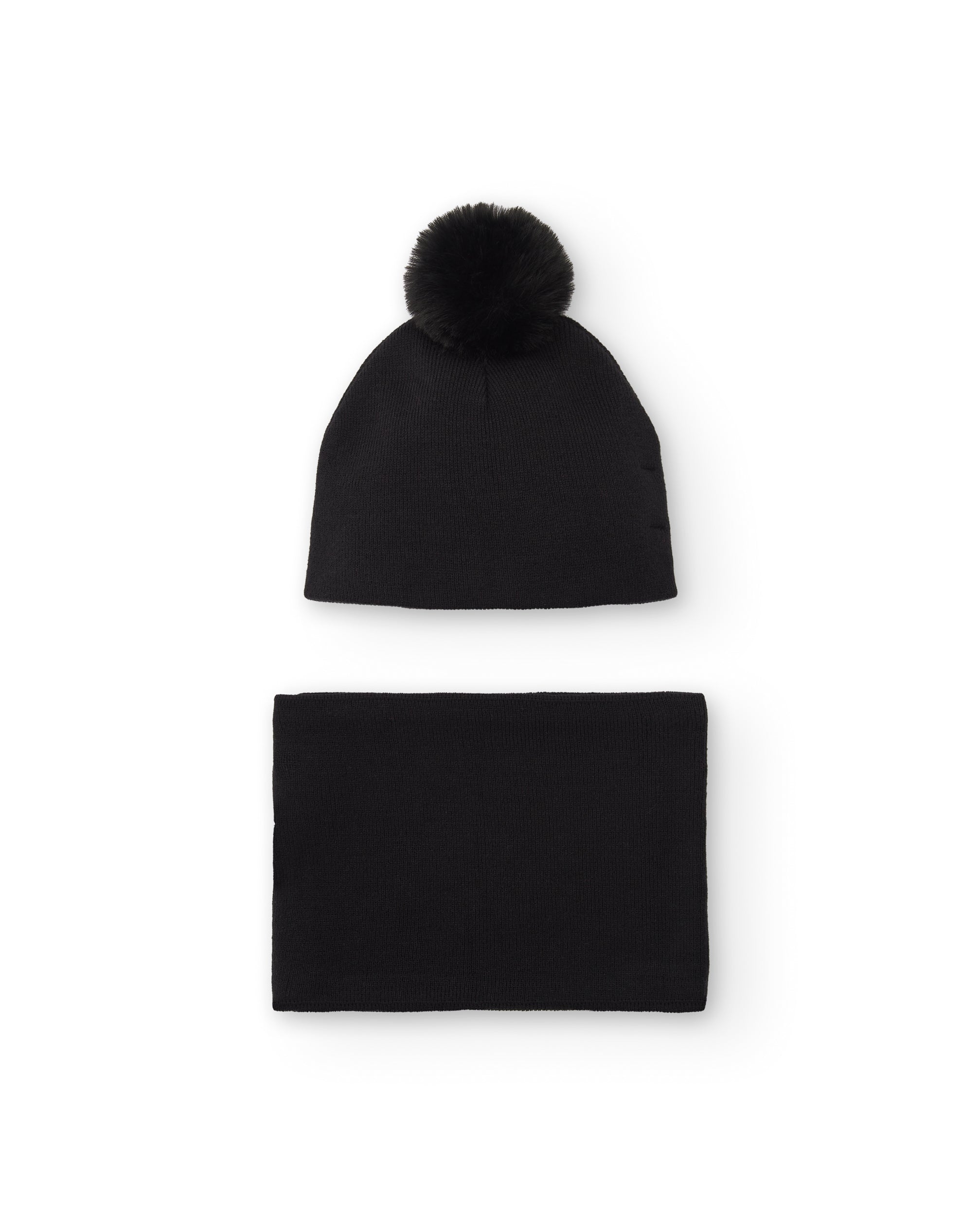 Set de gorro y bufanda negra con pompones y apliques brillantes