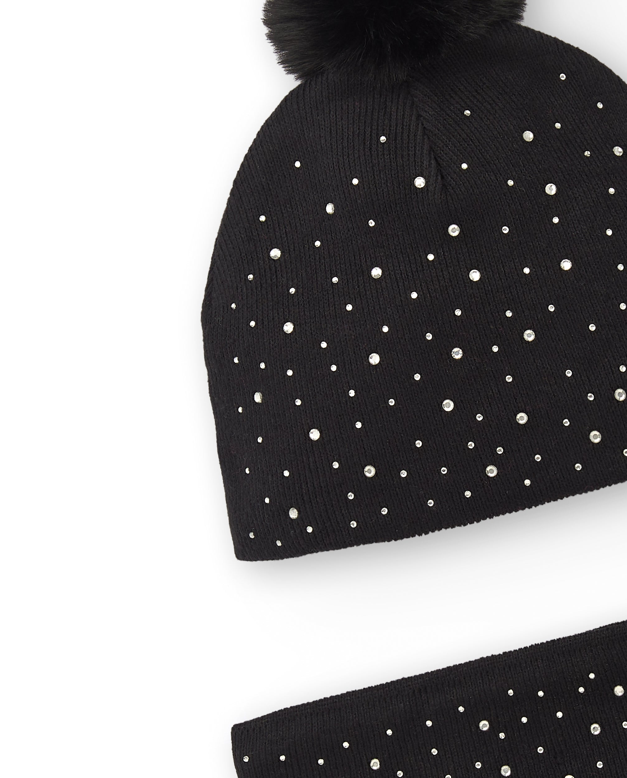 Set de gorro y bufanda negra con pompones y apliques brillantes