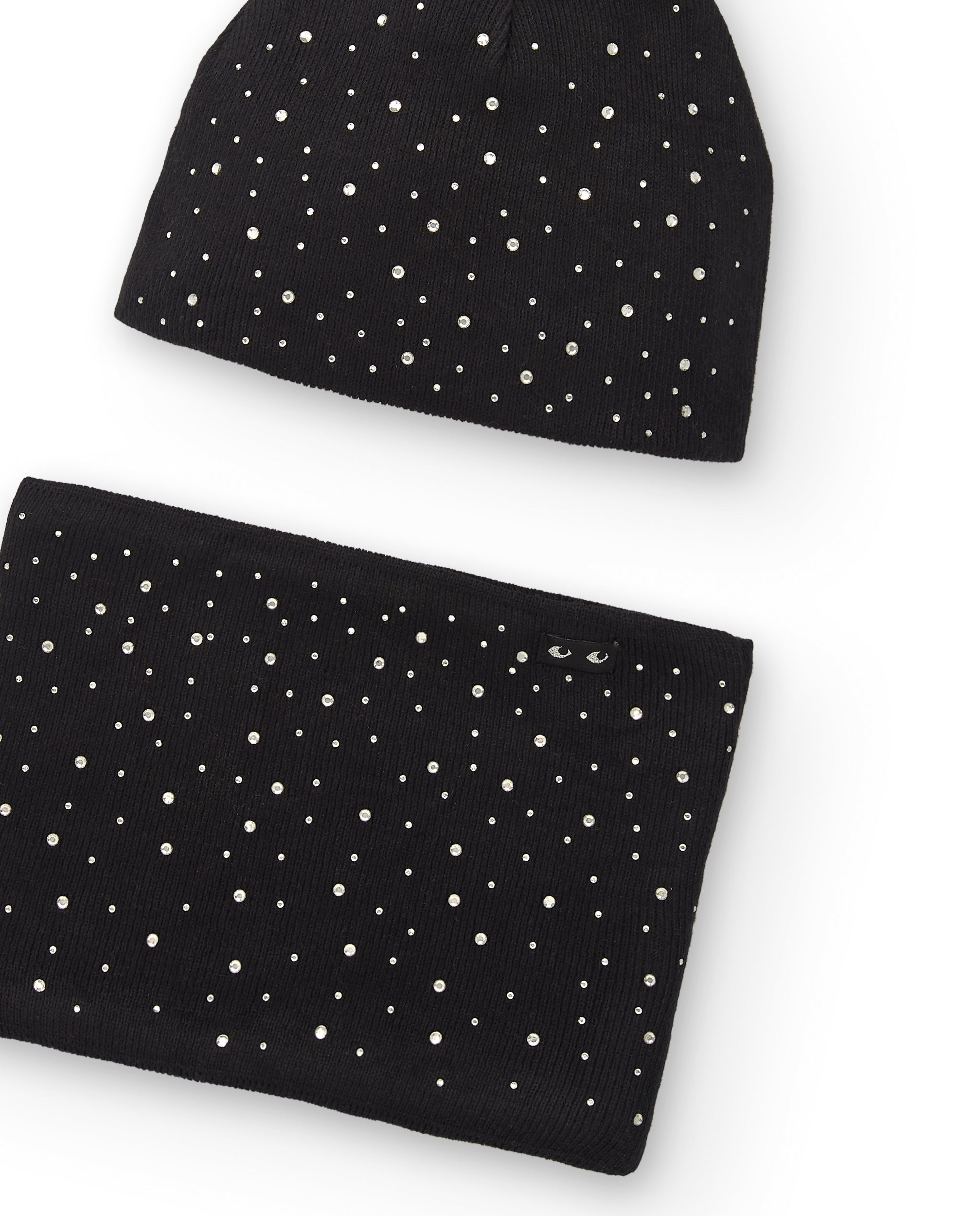 Set de gorro y bufanda negra con pompones y apliques brillantes
