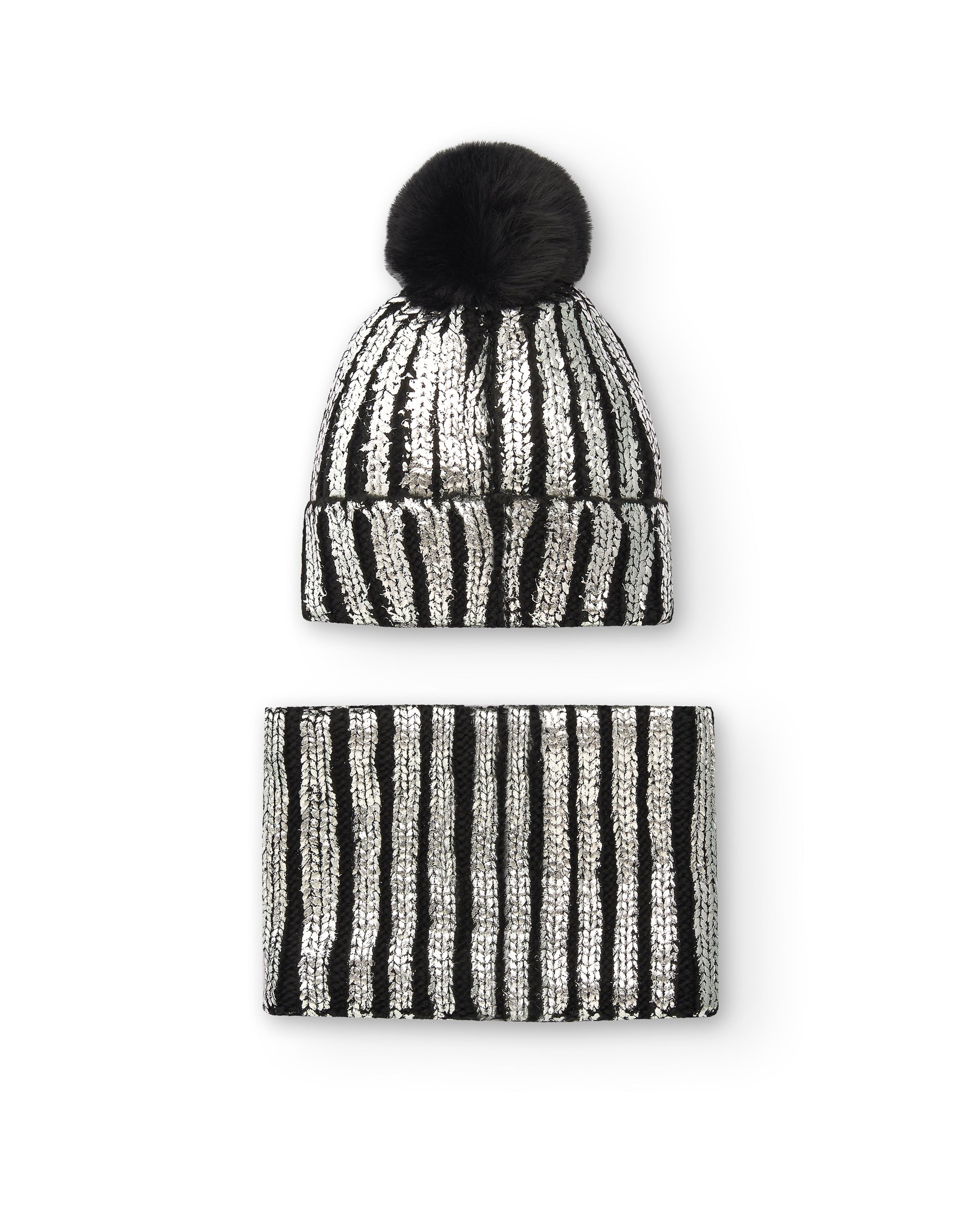 Set de gorro con pompón y bandana con rayas brillantes en negro