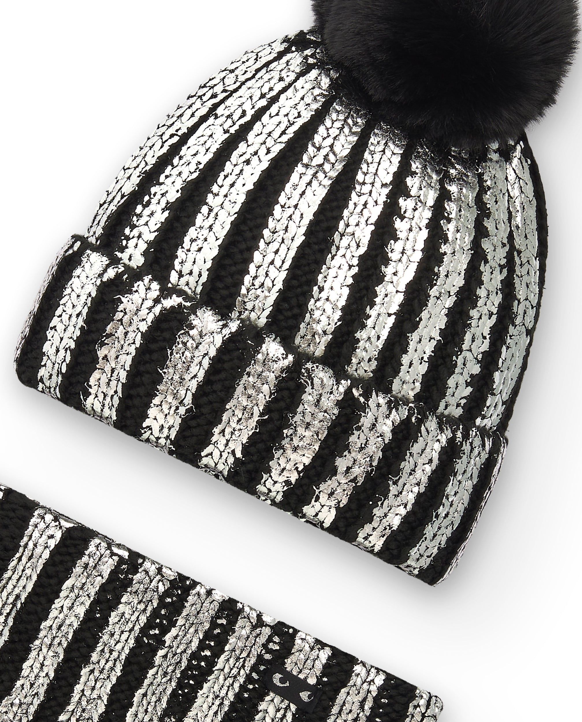 Set de gorro con pompón y bandana con rayas brillantes en negro