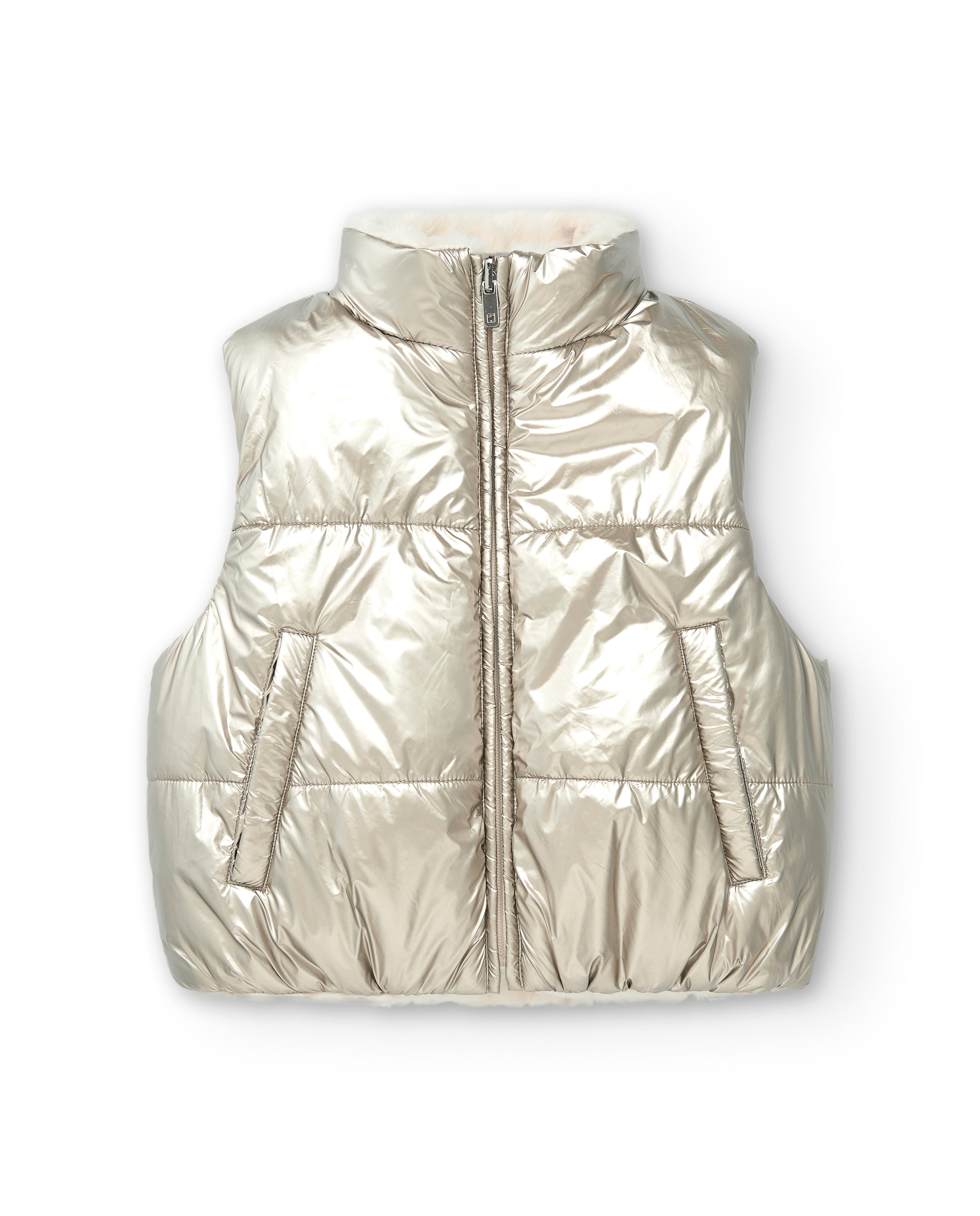 Chaleco reversible en color crema y plateado para niña