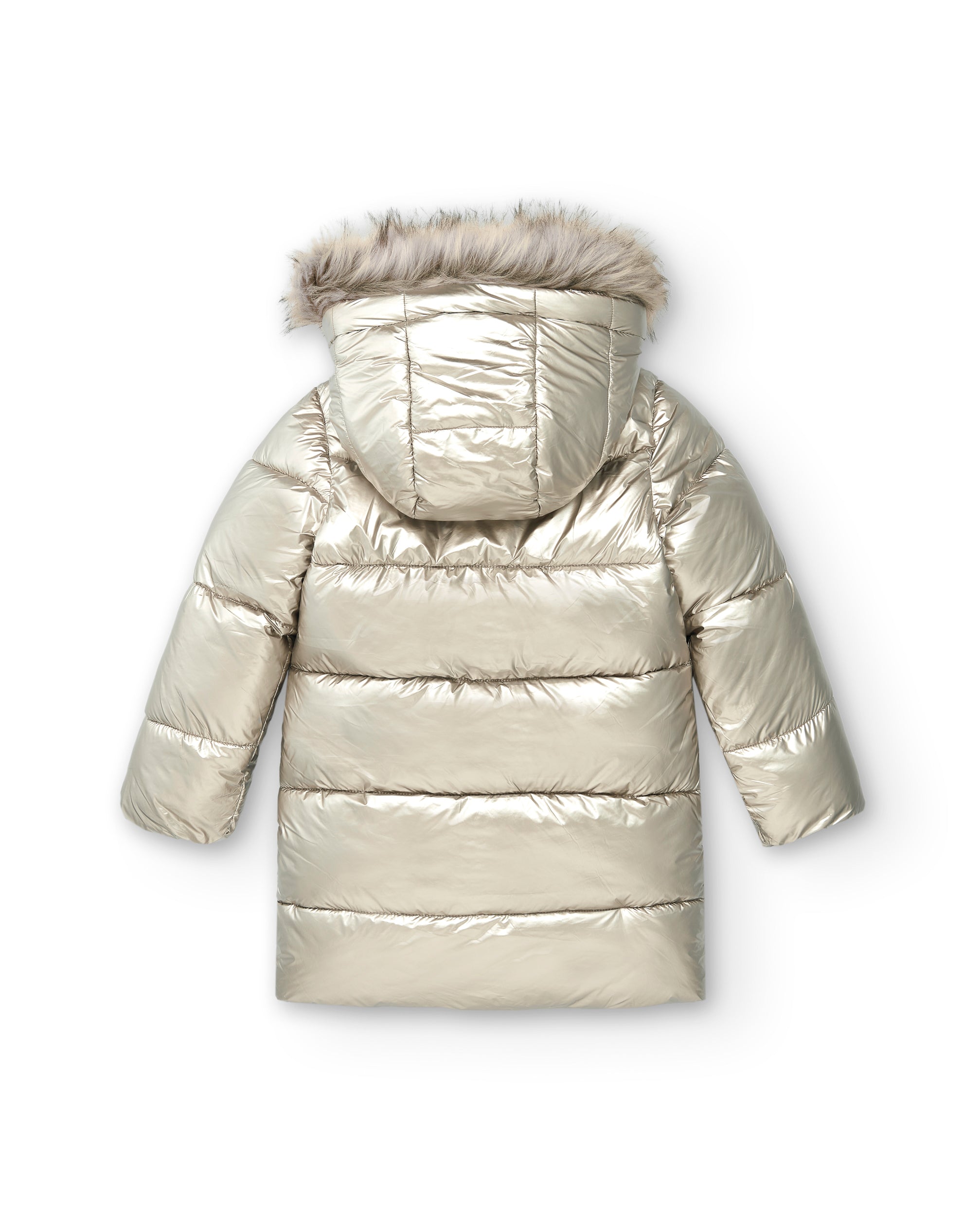 Abrigo largo acolchado plateado con capucha para niña colección