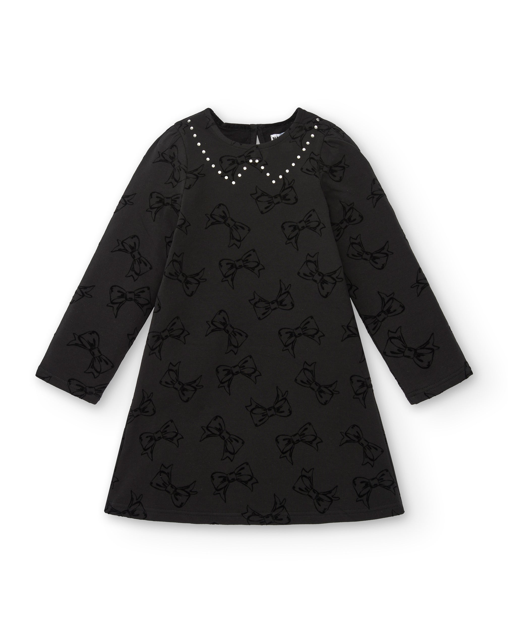 Vestido negro con estampado de lazos y detalles de perlas para