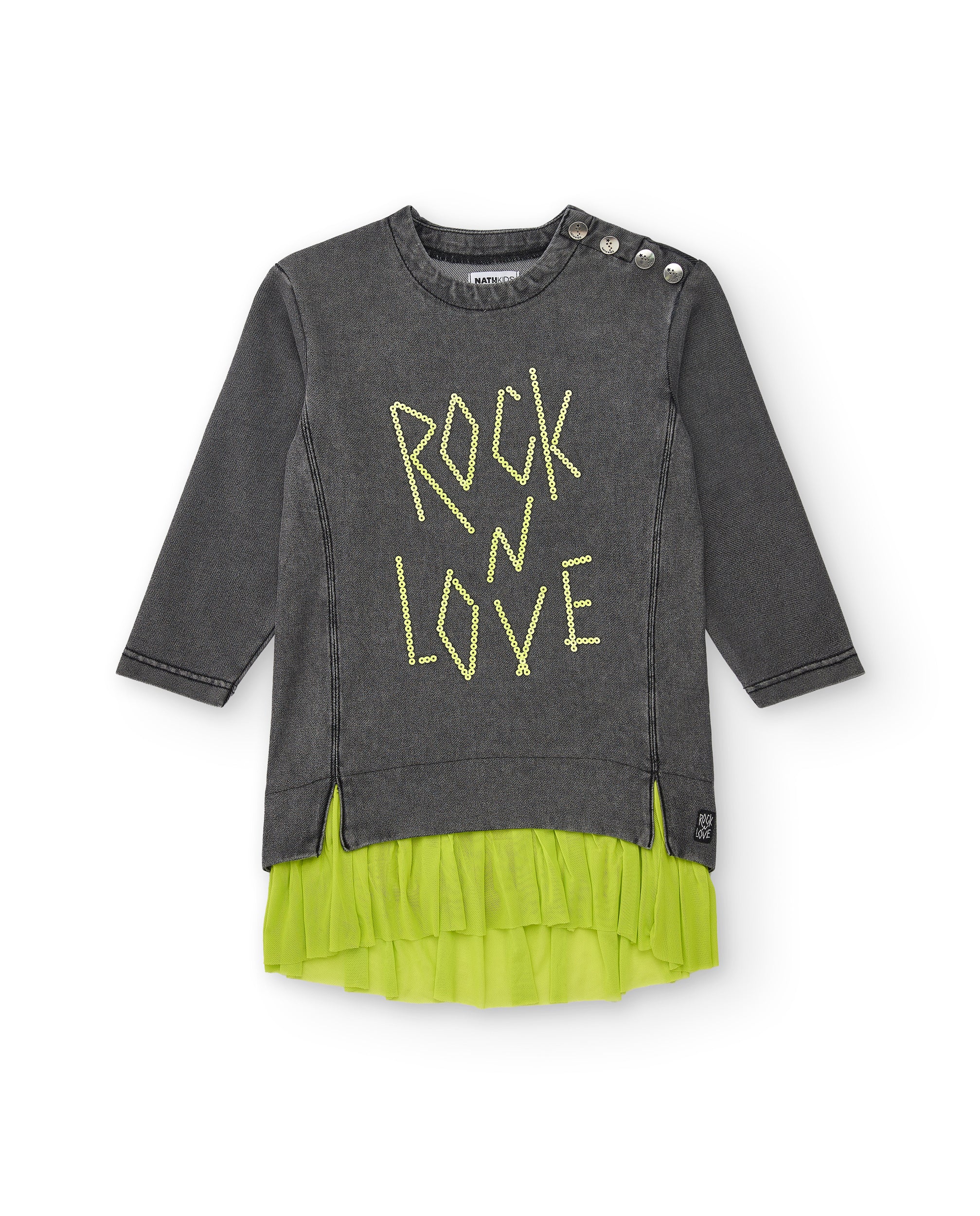 Vestido gris con volante verde y mensaje "Rock n Love"