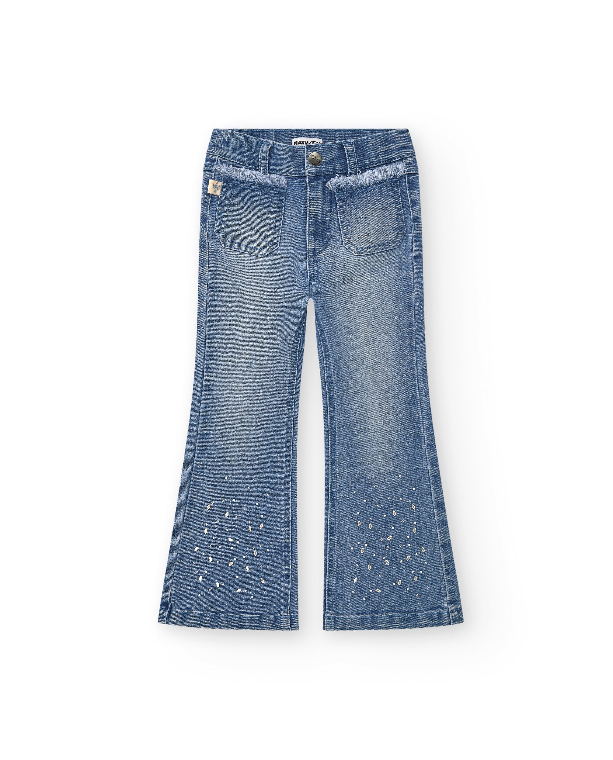 Pantalón vaquero niña en azul con detalle de apliques metálicos