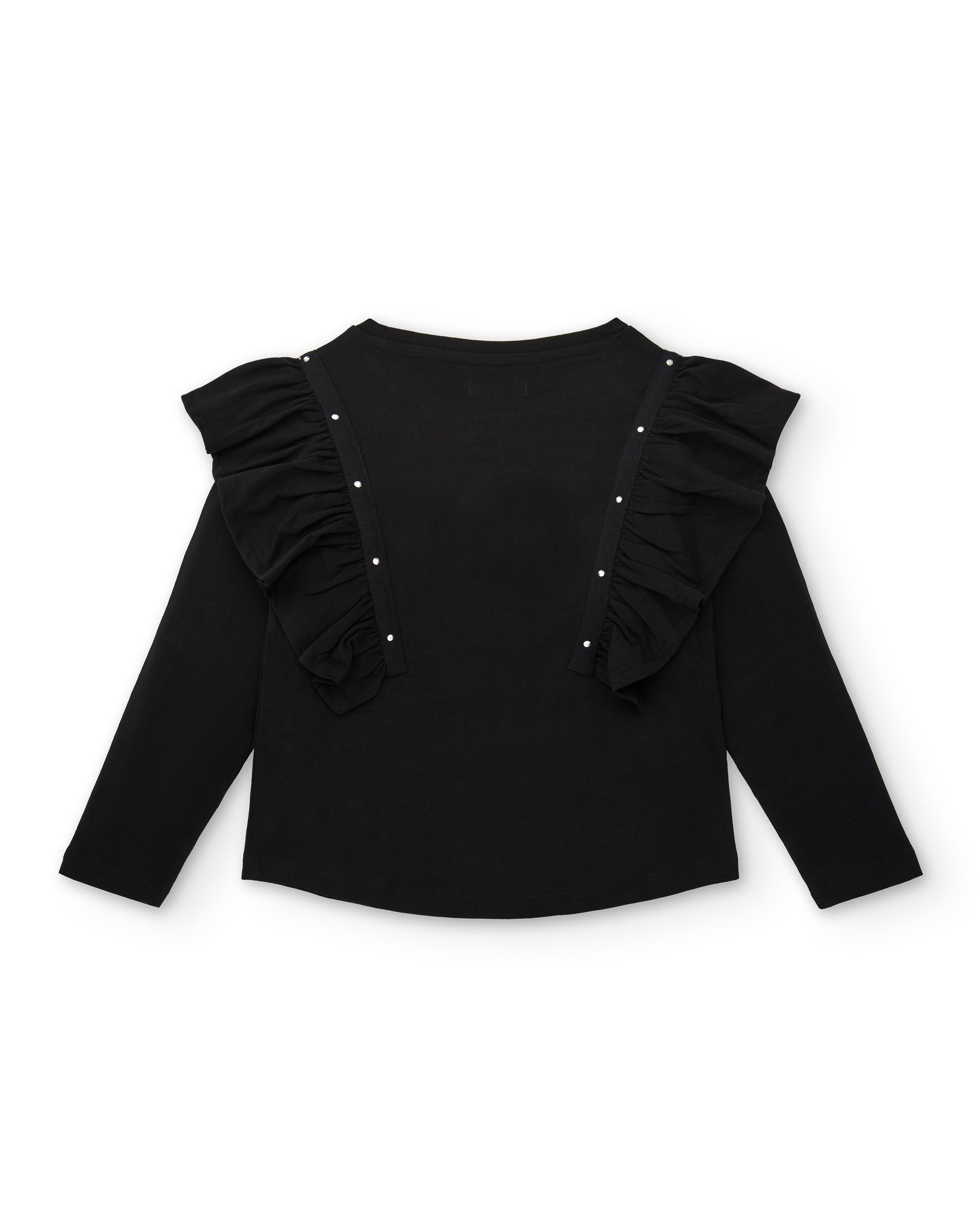 Camiseta negra con volantes y detalles brillantes para niña