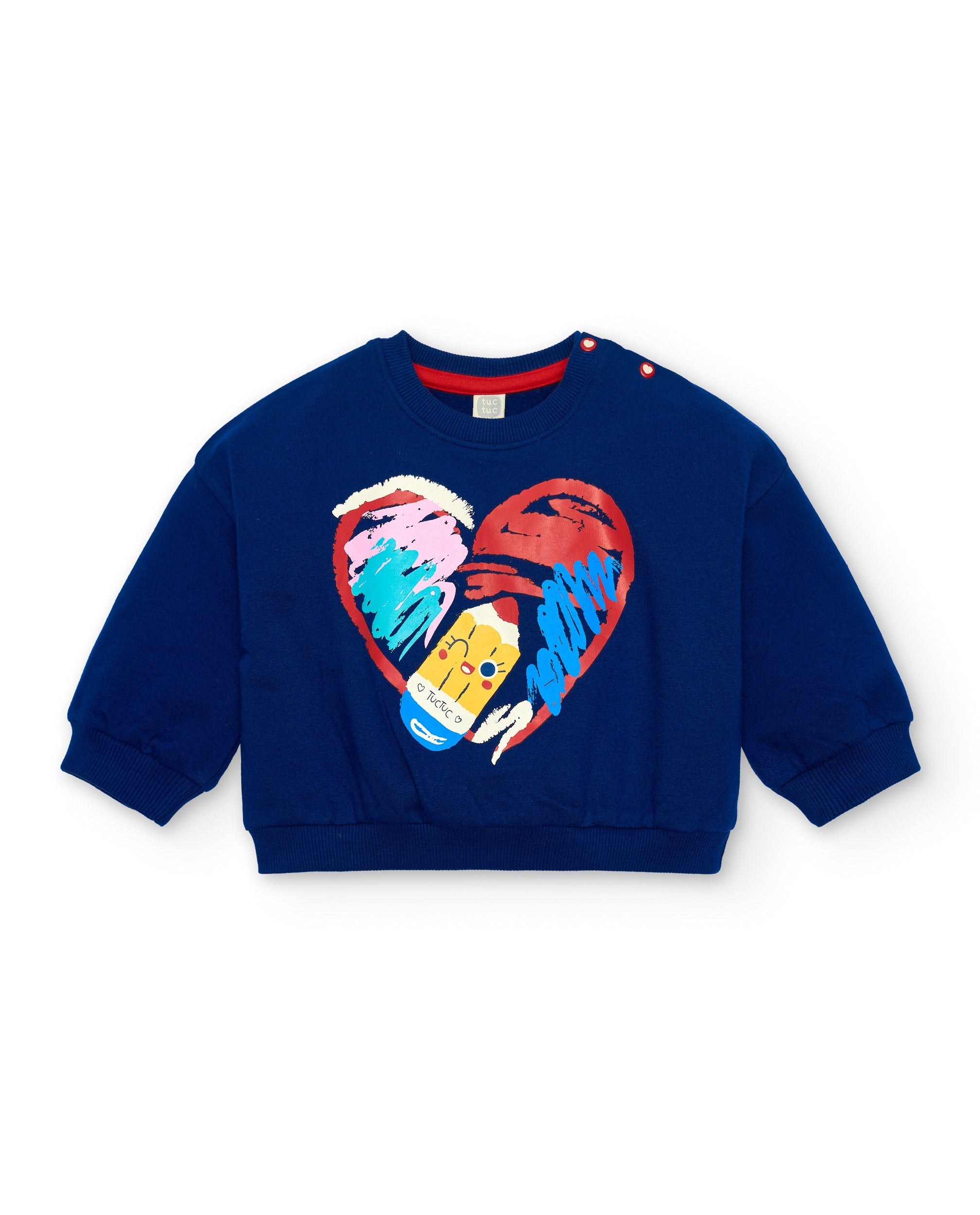 Sudadera niña en azul marino con estampado de corazón y lápiz