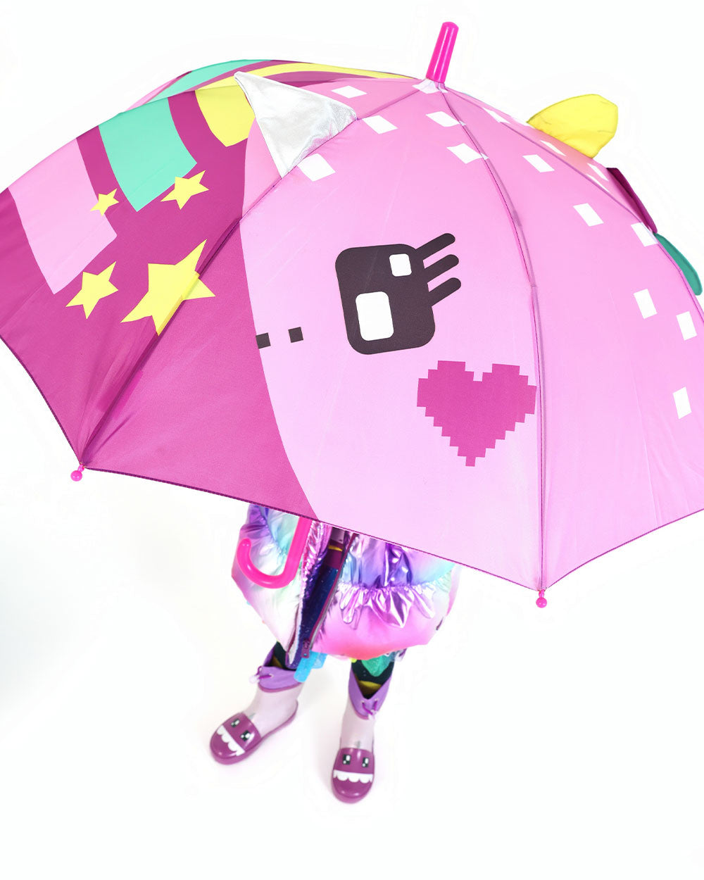 Paraguas para niña en rosa con diseño de dinosaurio y arcoíris colección Cyber Dino