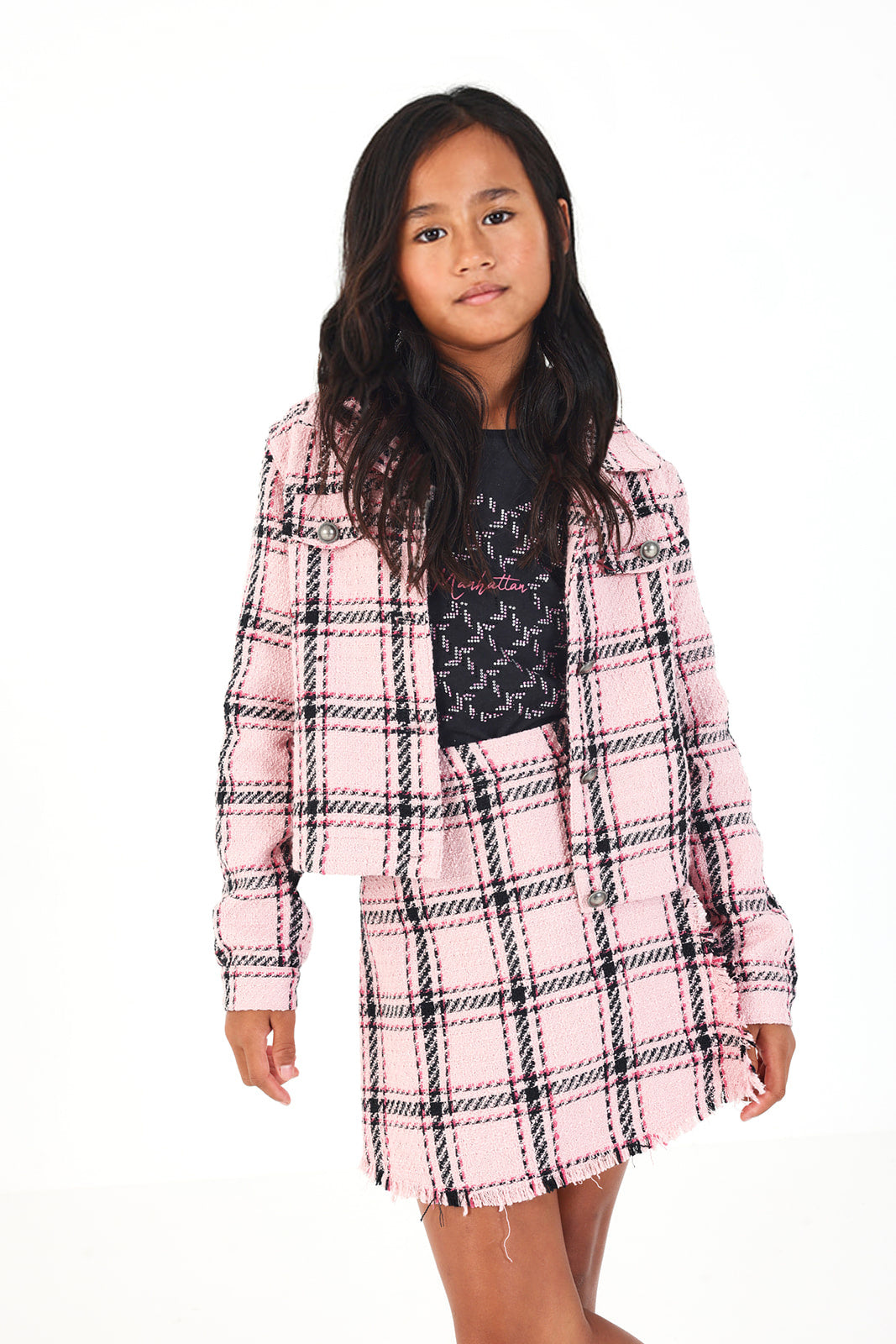 Chaqueta corta de cuadros en tonos rosa para niña de la