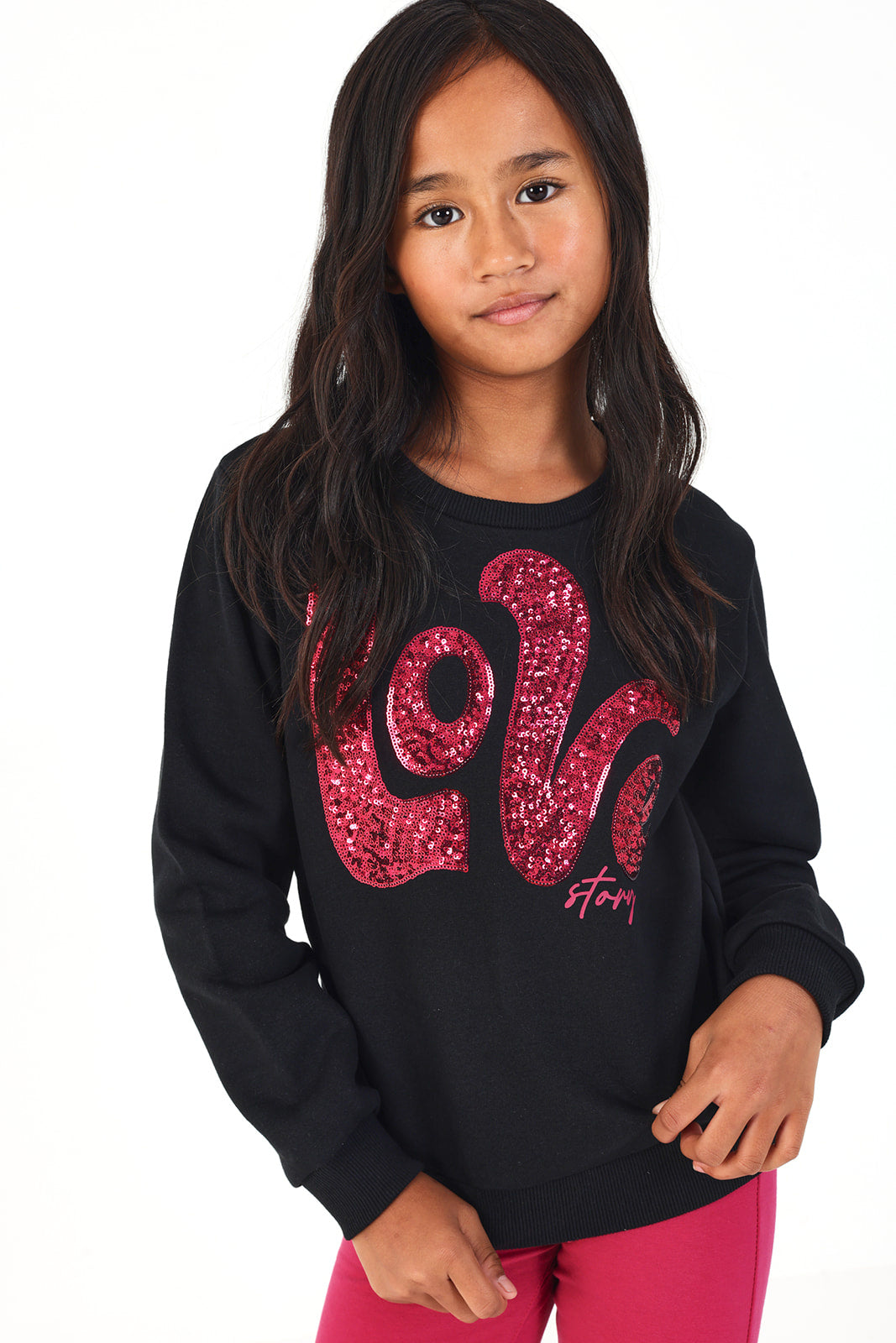 Sudadera negra con estampado "Love Story" en rosa para niña