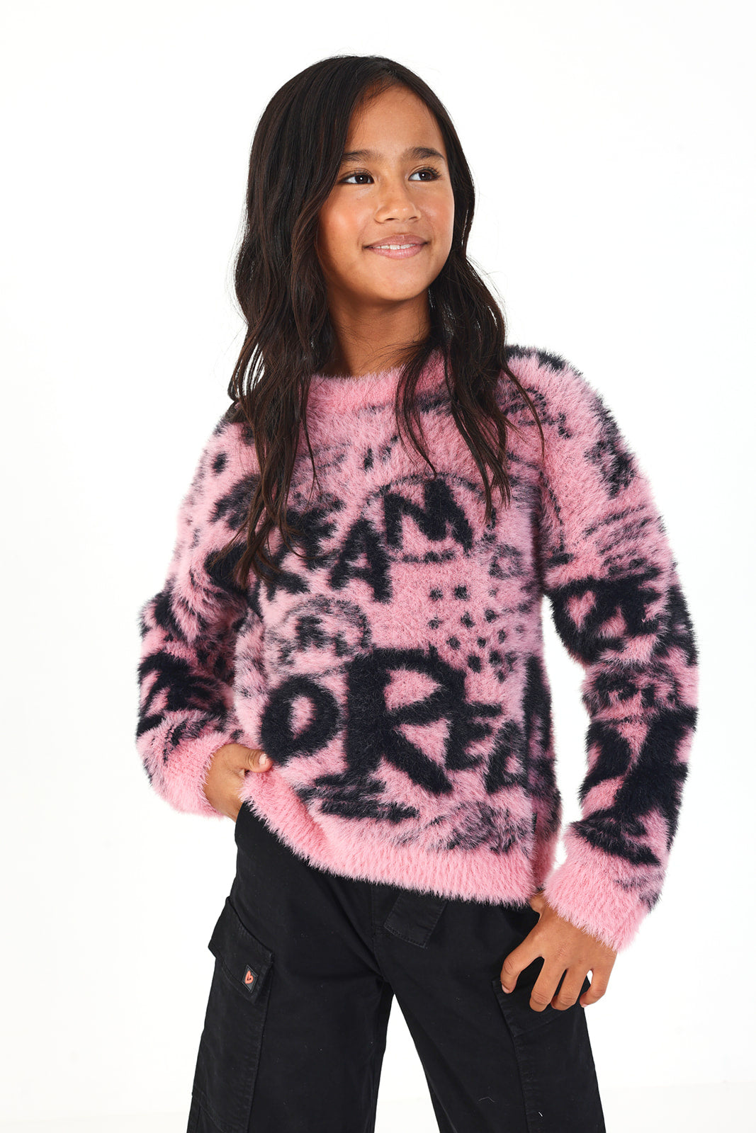 Jersey con pelo sintético y estampado de grafitis en rosa y