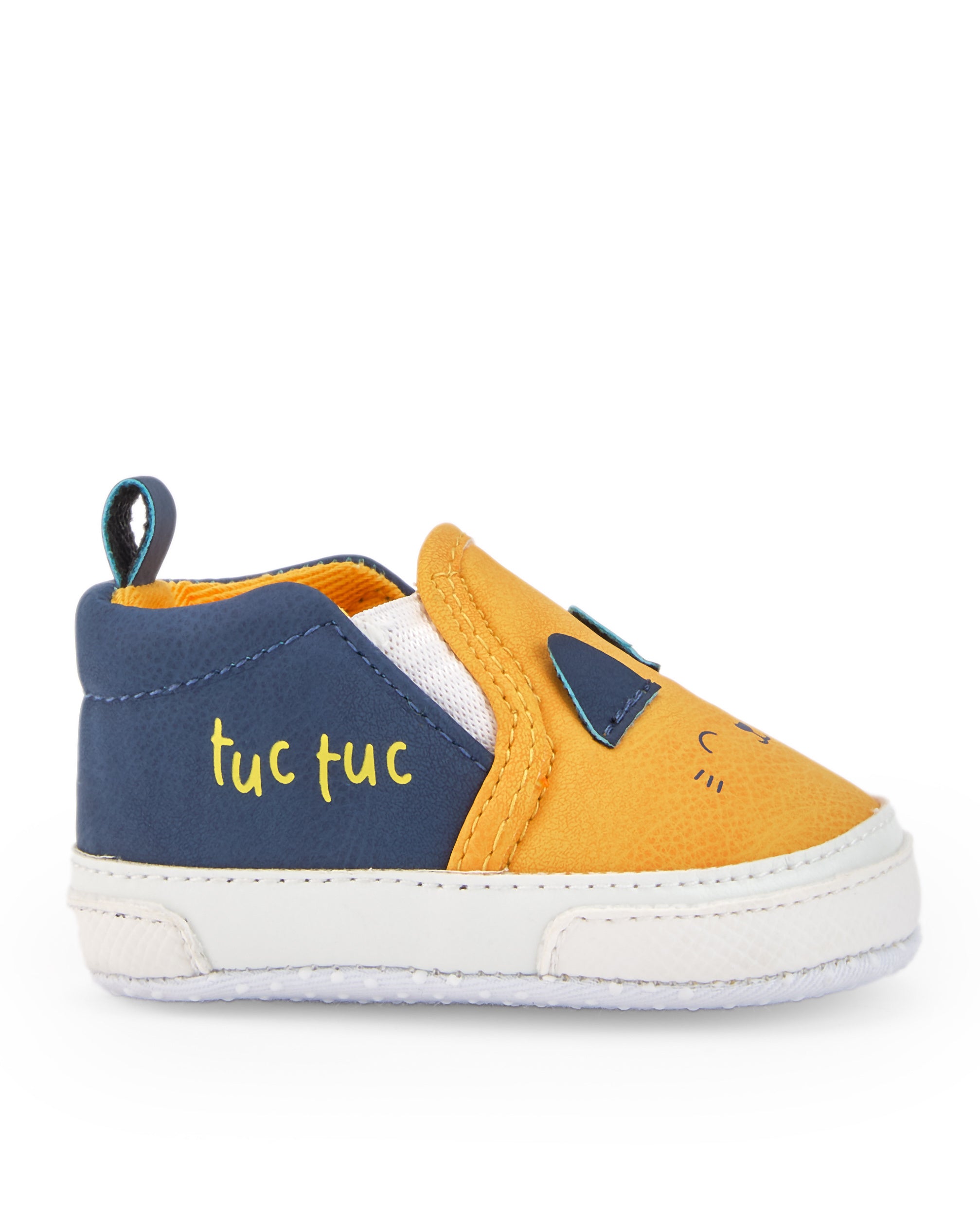 Zapatillas niño en amarillo y azul con diseño de gatito