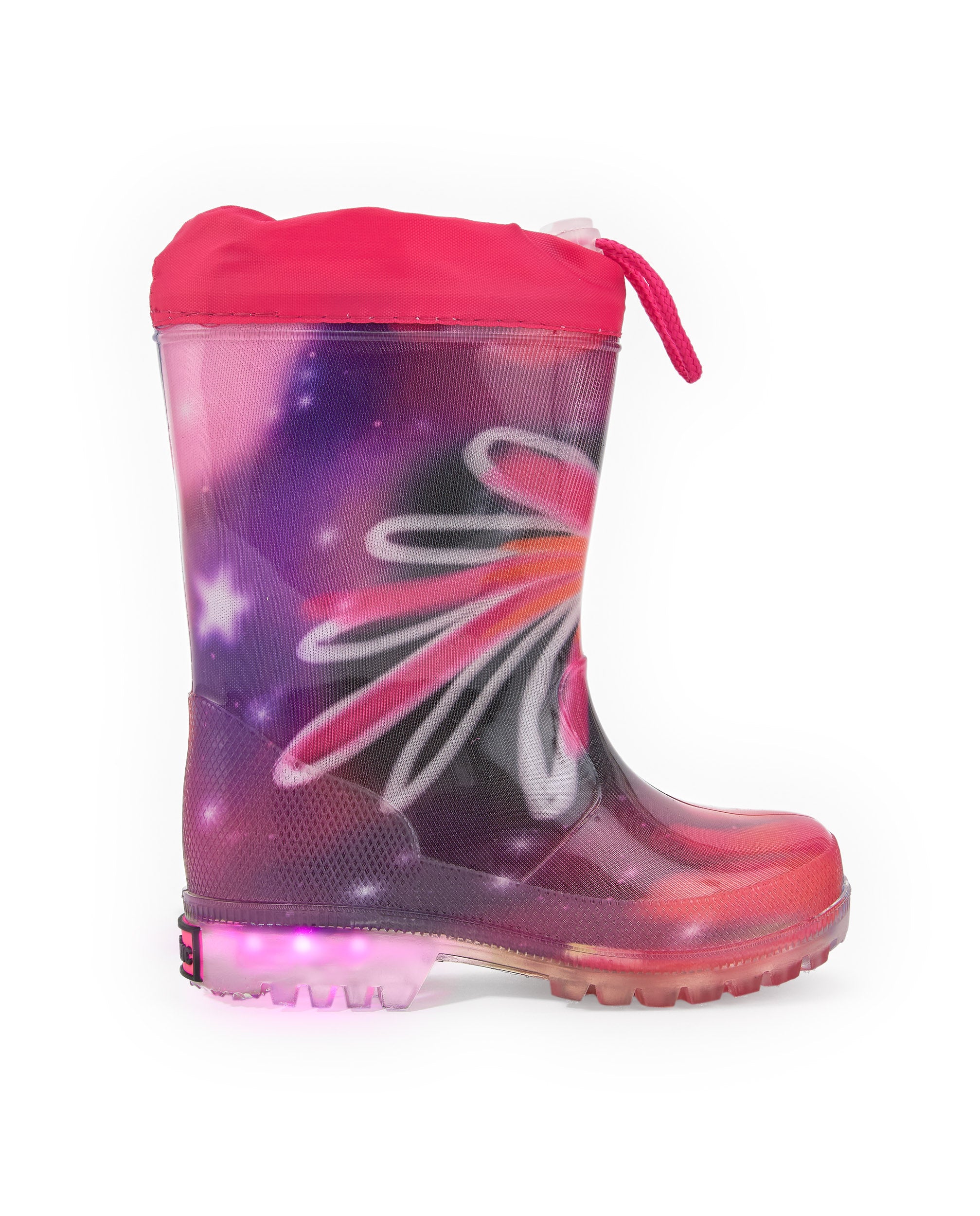 Botas de lluvia niña en fucsia con luces y diseño galáctico
