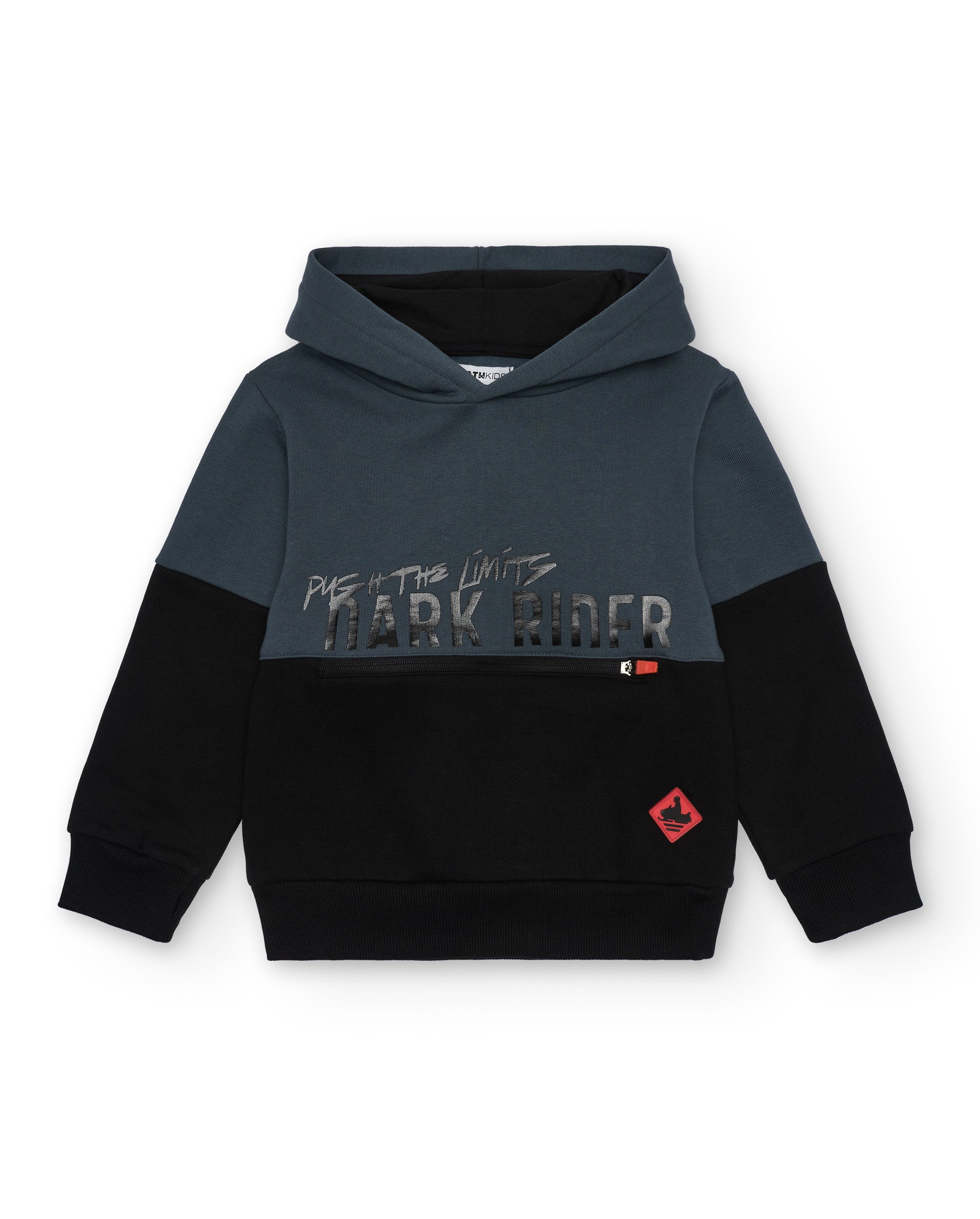 Sudadera niño en negro y azul con capucha y estampado colección