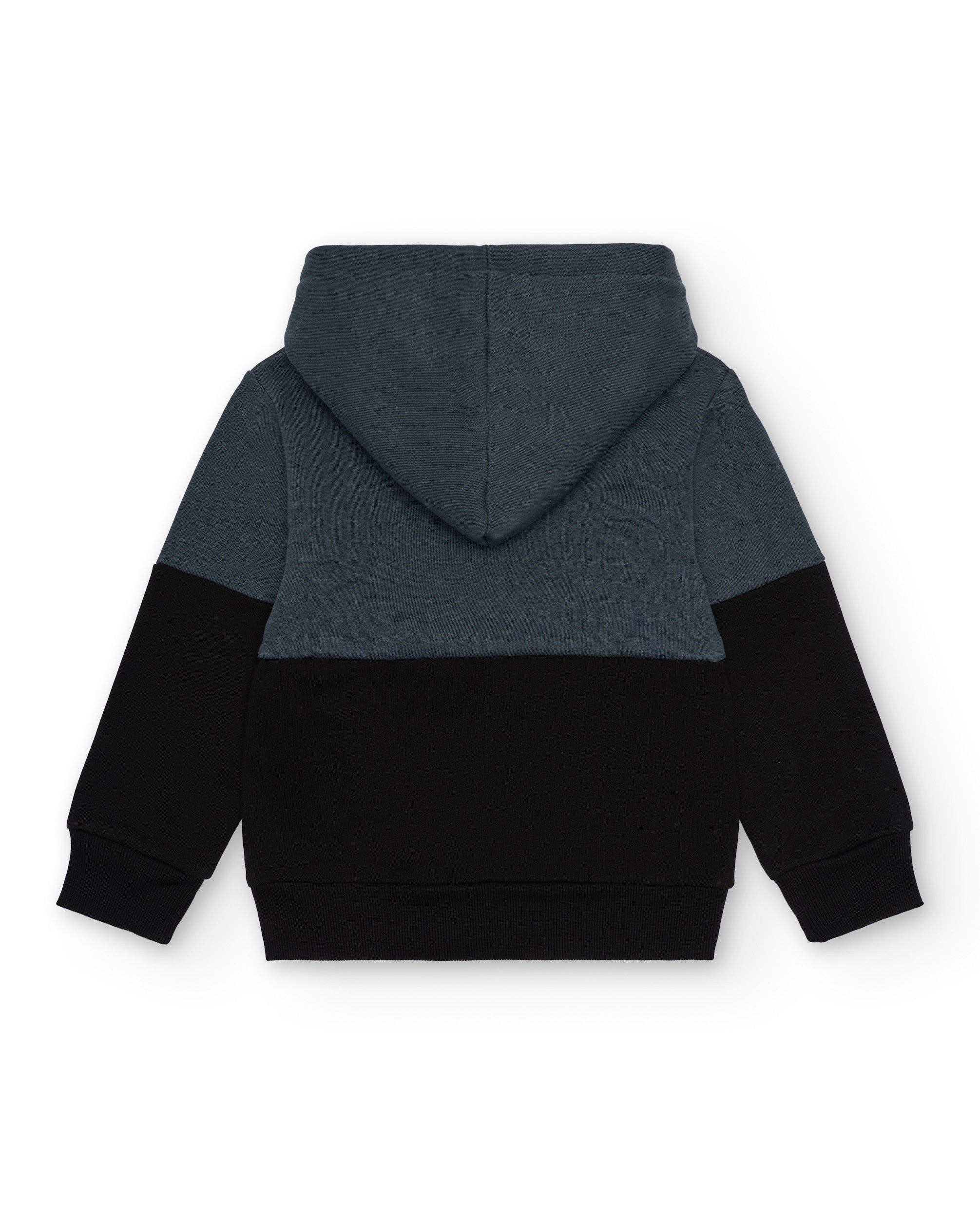 Sudadera niño en negro y azul con capucha y estampado colección