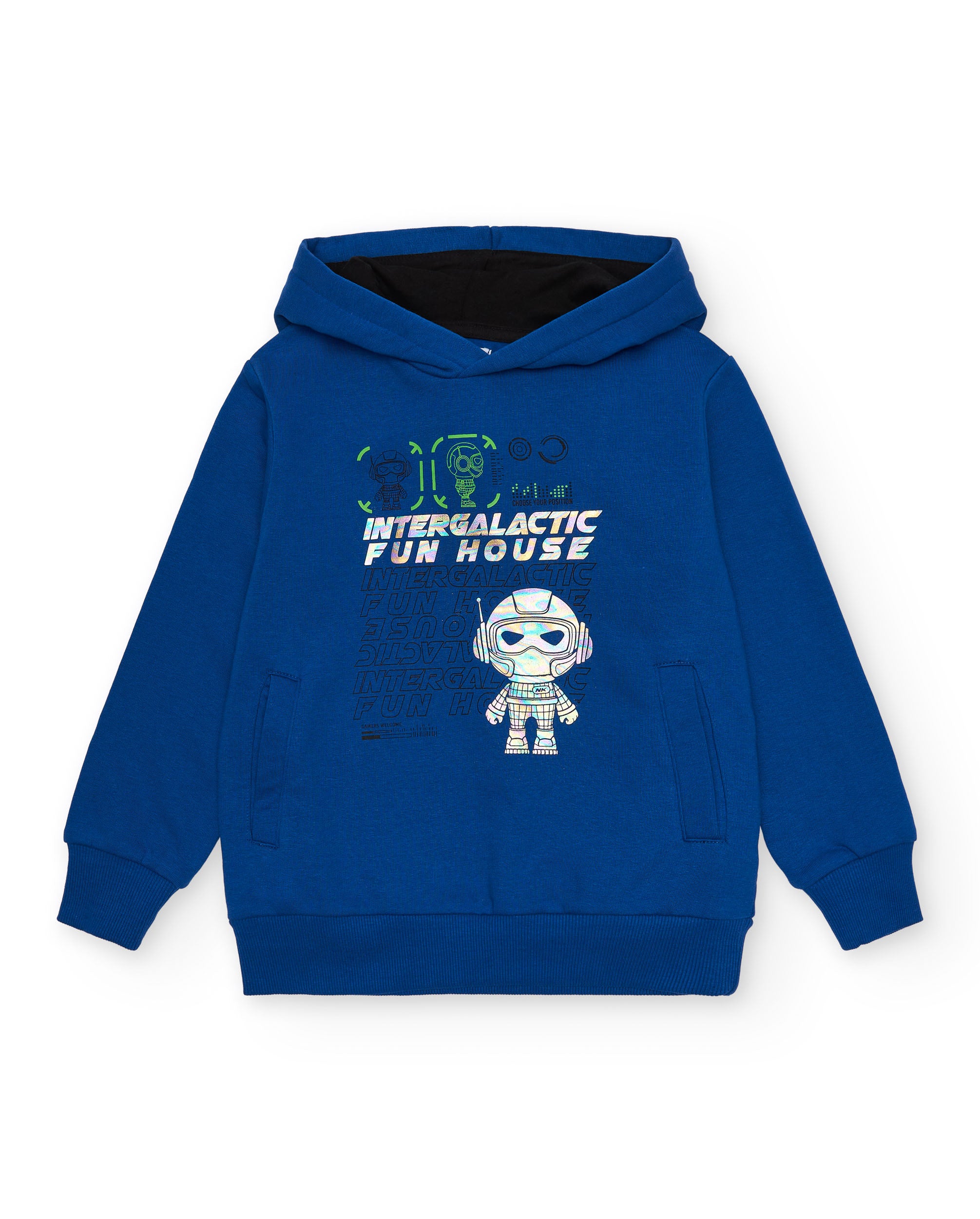 Sudadera niño en azul con capucha y diseño espacial colección
