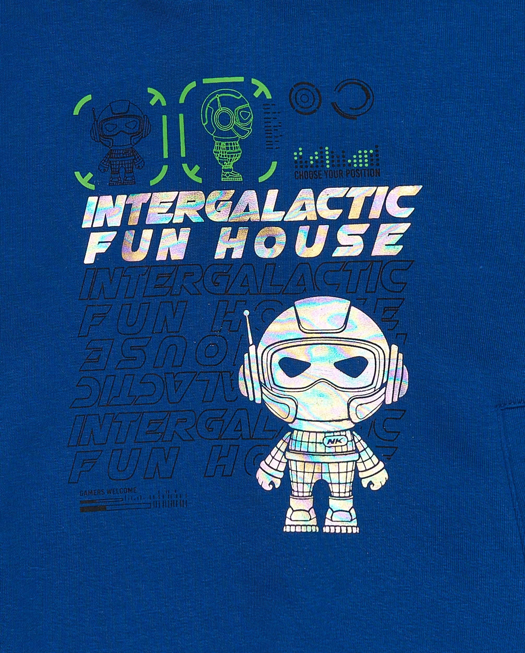 Sudadera niño en azul con capucha y diseño espacial colección