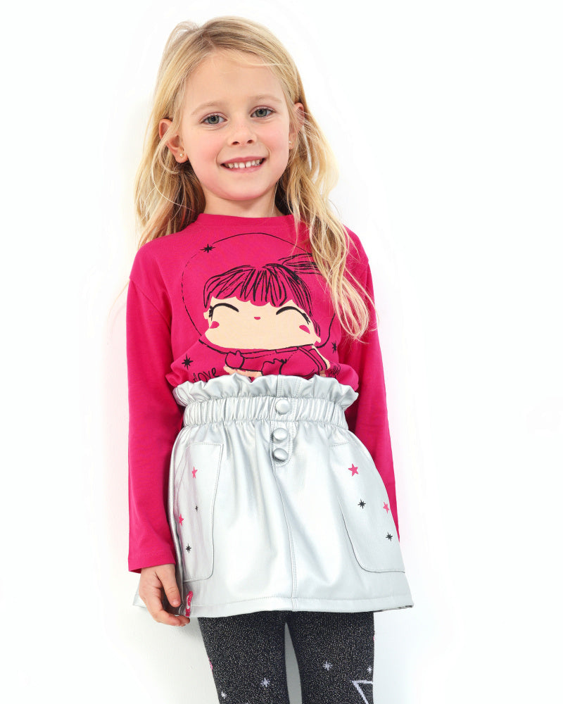 Falda para niña en color plata con estampado de estrellas
