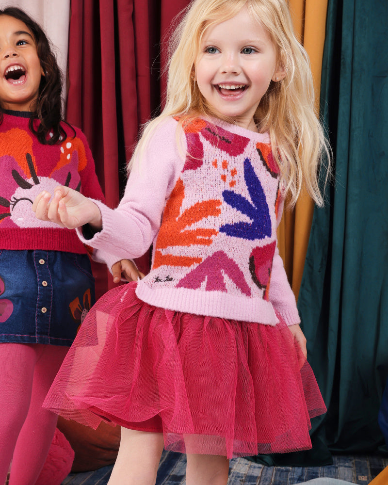 Vestido de punto para niña en rosa con falda de tul colección