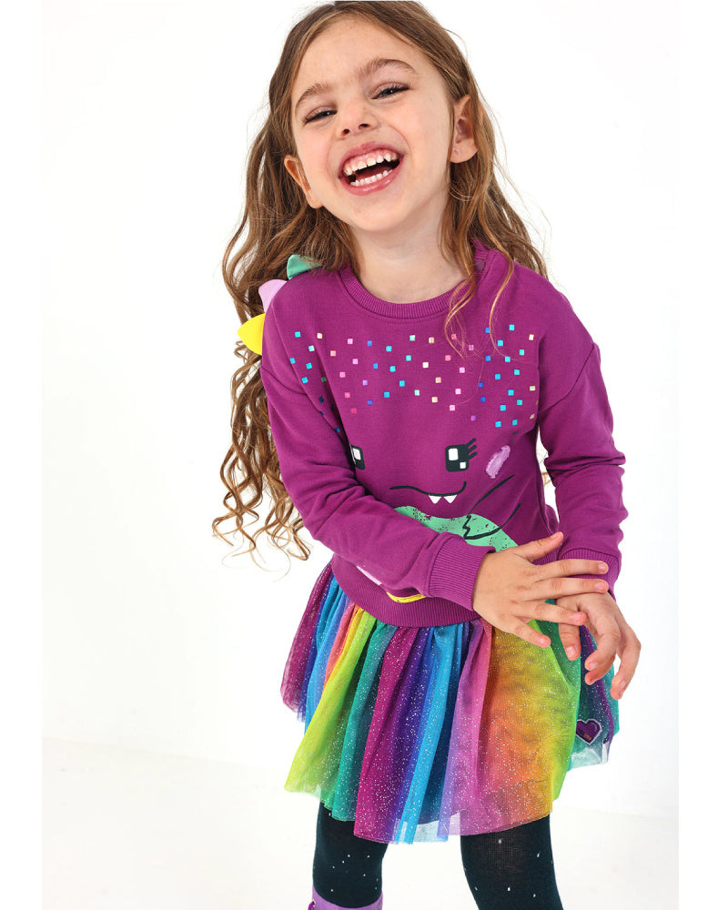 Vestido sudadera fucsia con dinosaurio y falda arcoíris para
