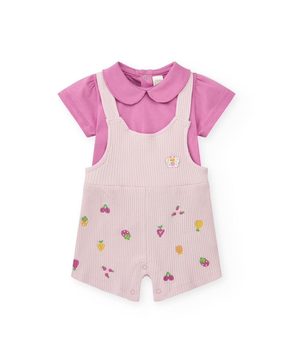 Conjunto de punto para niña con peto acanalado lila estampado