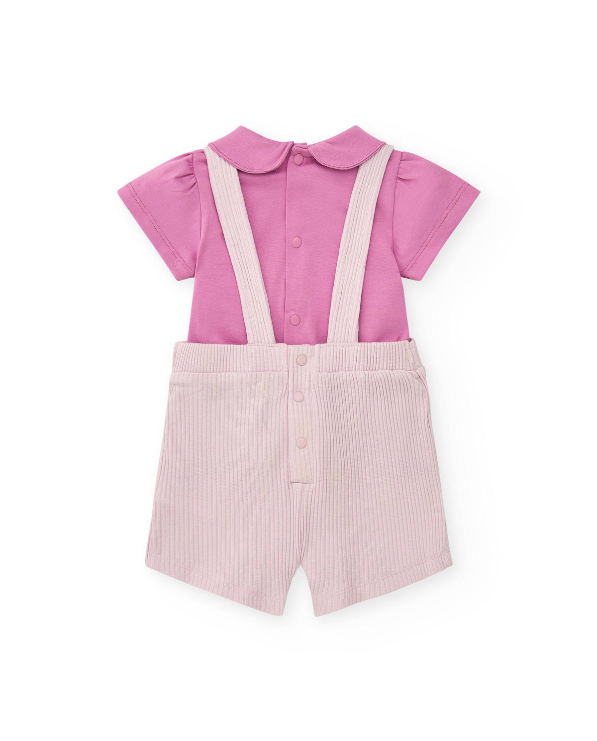 Conjunto de punto para niña con peto acanalado lila estampado