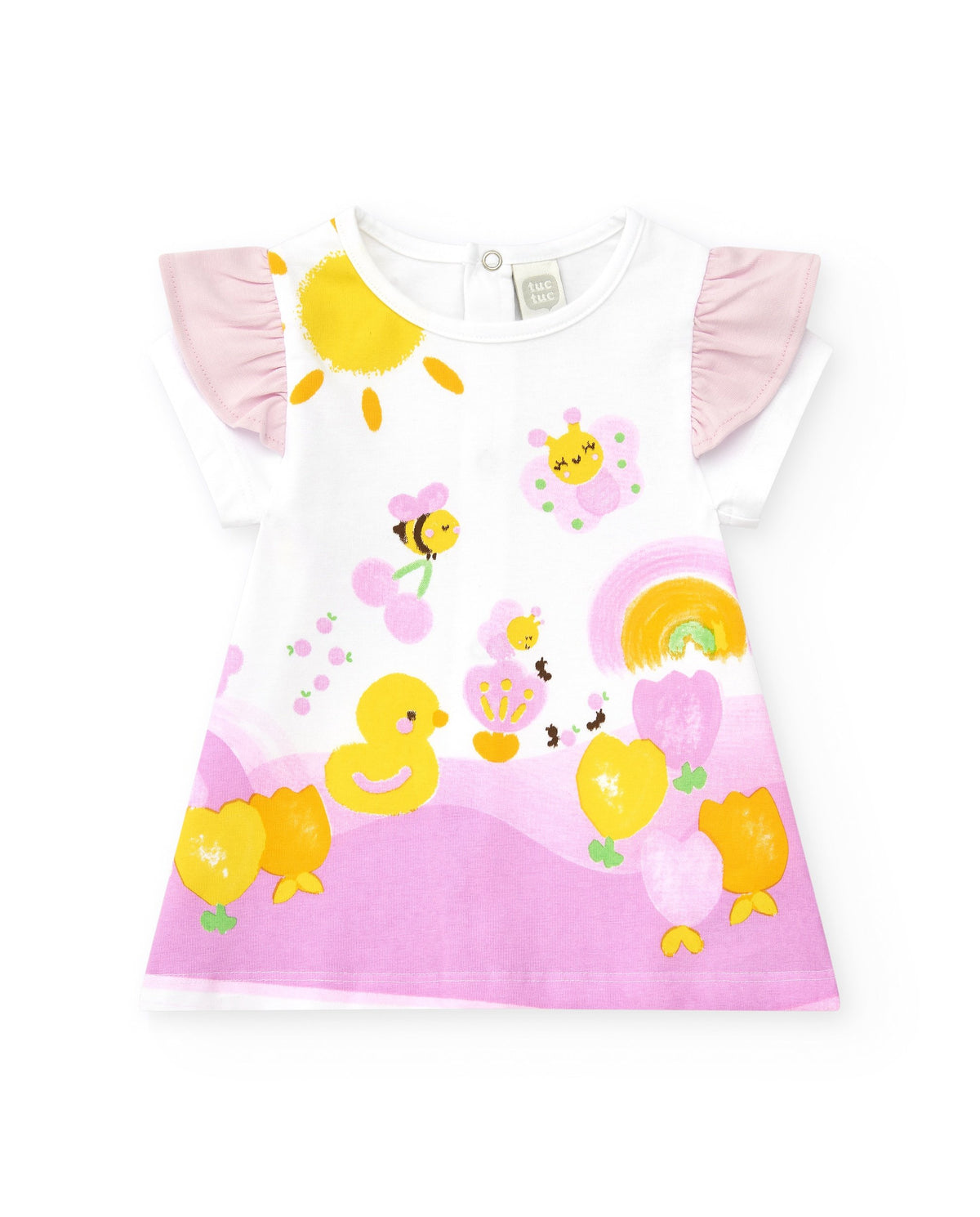 Conjunto de punto para niña con vestido blanco estampado