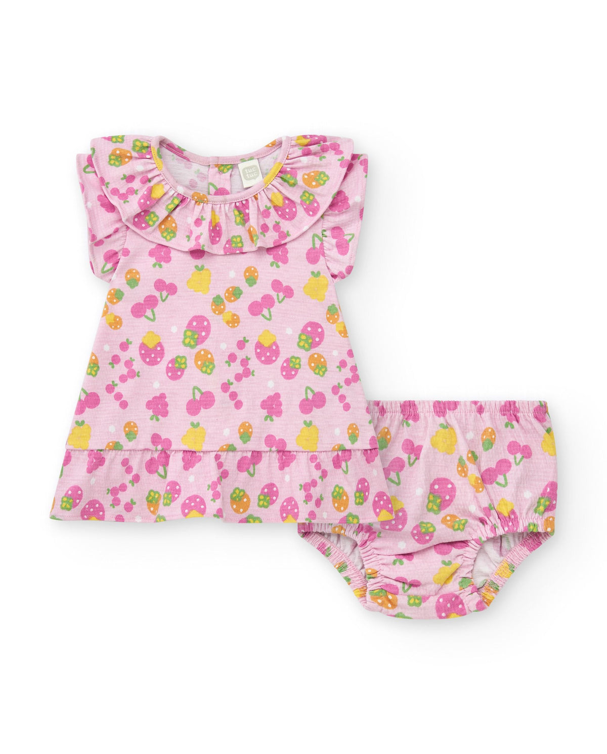 Conjunto de punto para niña con vestido rosa estampado de frutas