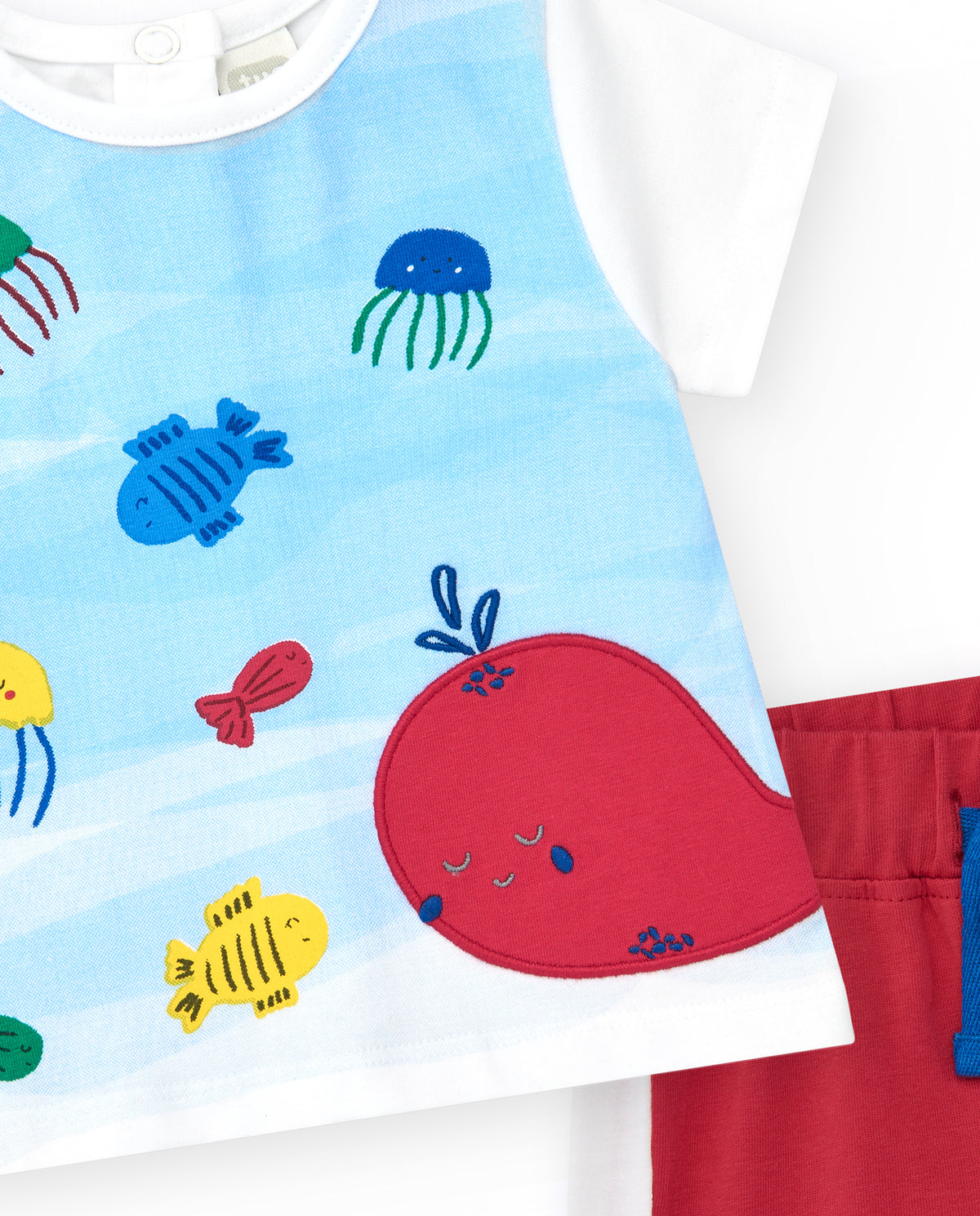 Conjunto de punto para niño con camiseta blanca y shorts rojos