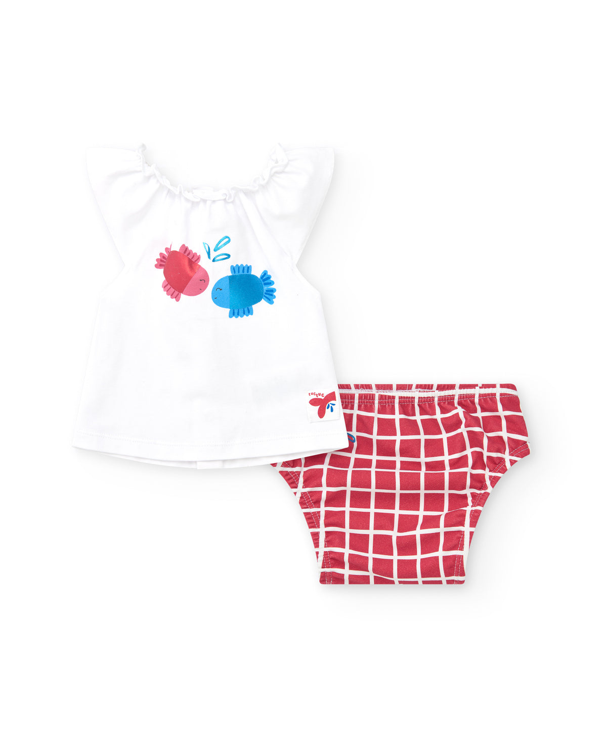 Conjunto para niña con blusa blanca de peces y braguita roja de