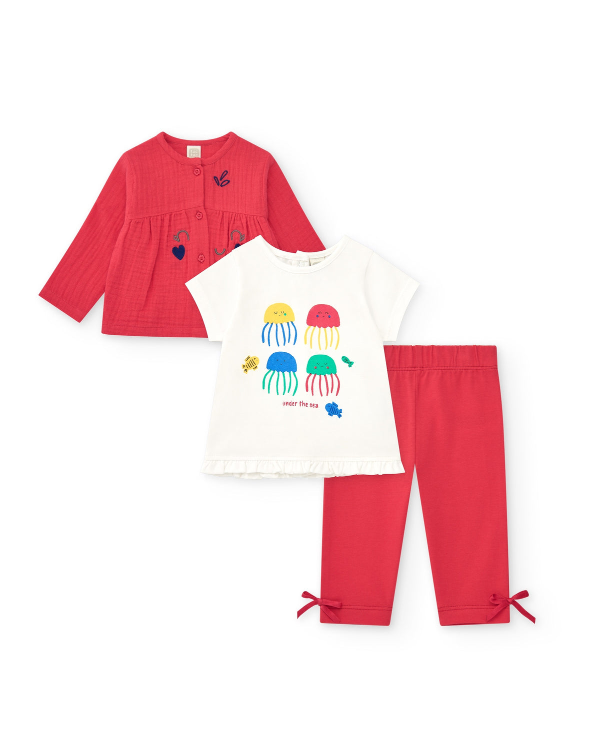 Conjunto para niña con camiseta de medusas, leggings rojos y