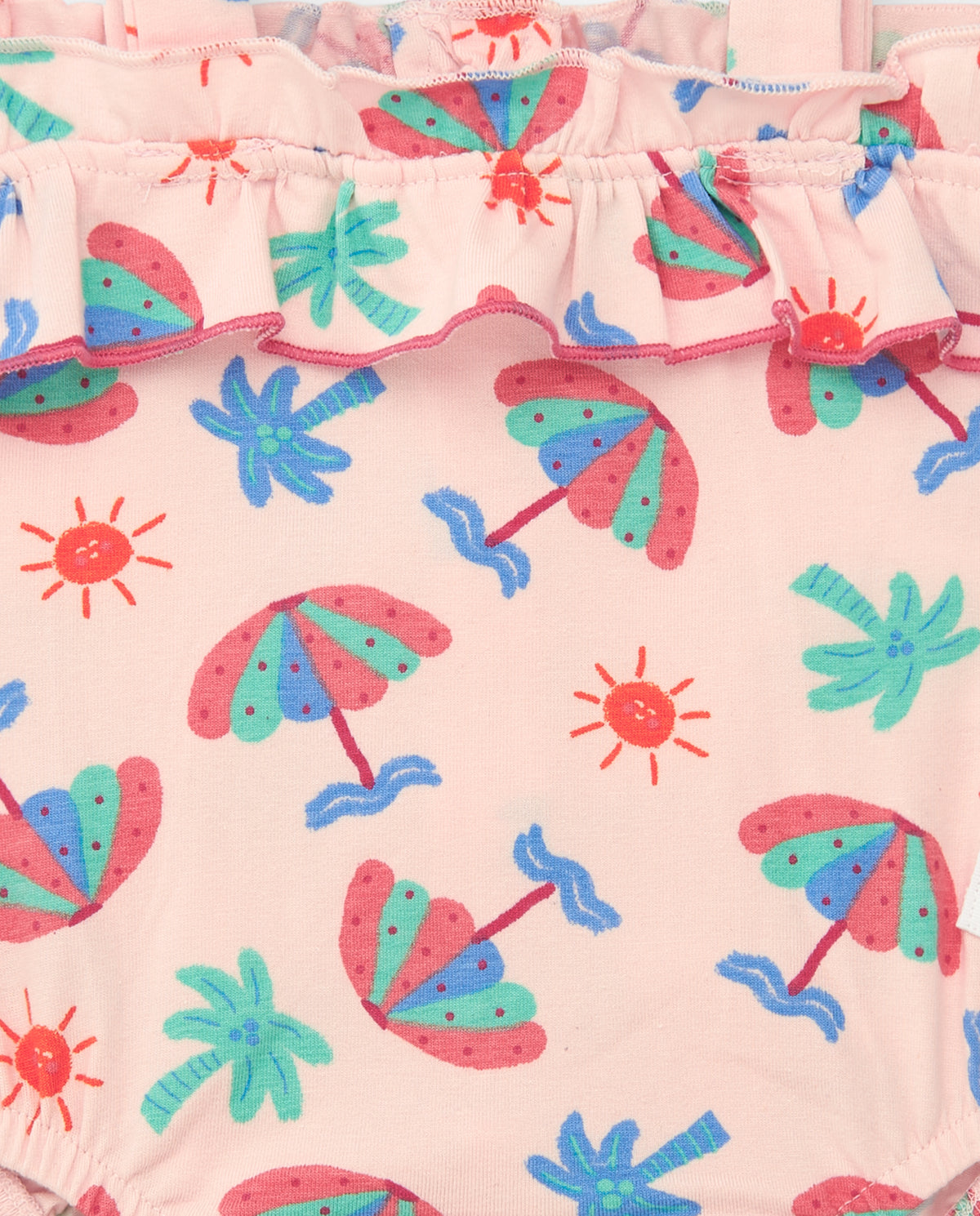 Body rosa para niña con estampado de paraguas, palmeras y soles