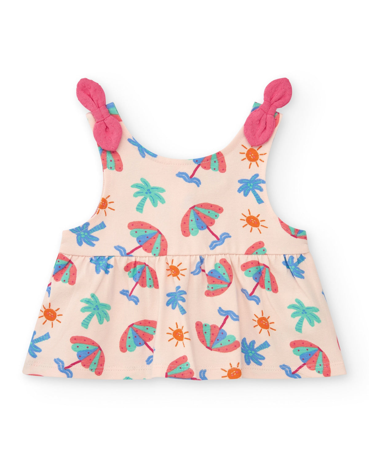 Conjunto crema para niña con blusa de paraguas y shorts rosa