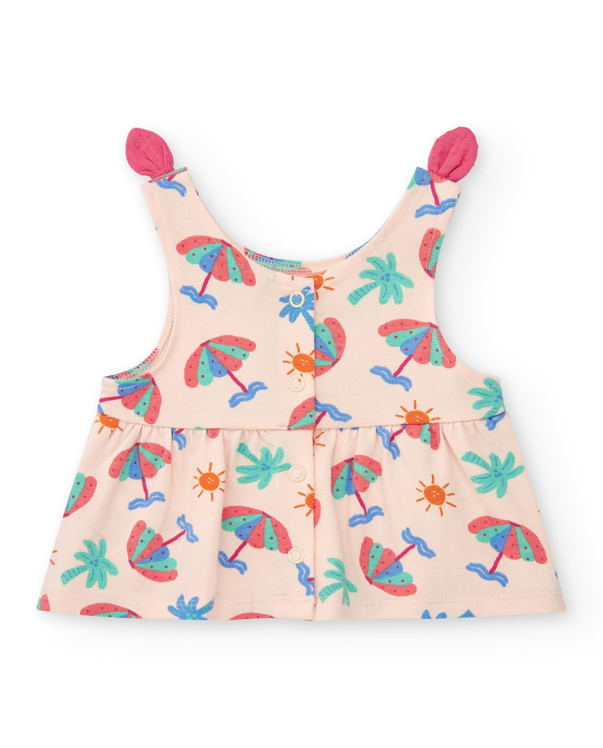 Conjunto crema para niña con blusa de paraguas y shorts rosa