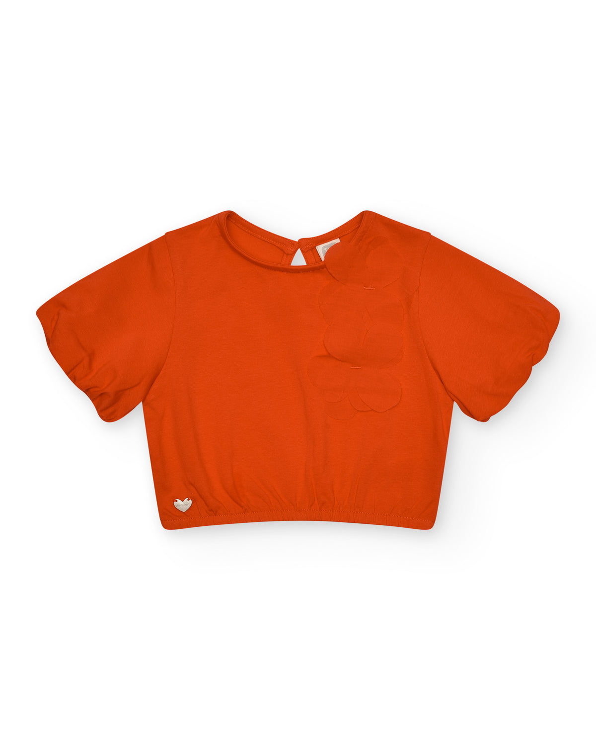 Camiseta naranja para niña con flor y mangas abullonadas