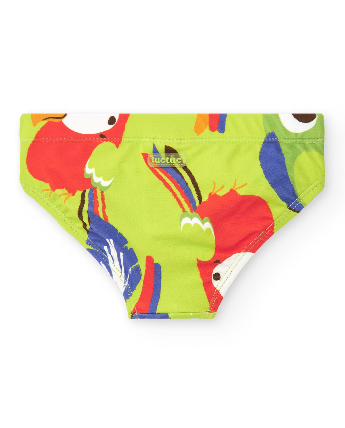 Bañador slip verde para niño con loros y estampado tropical