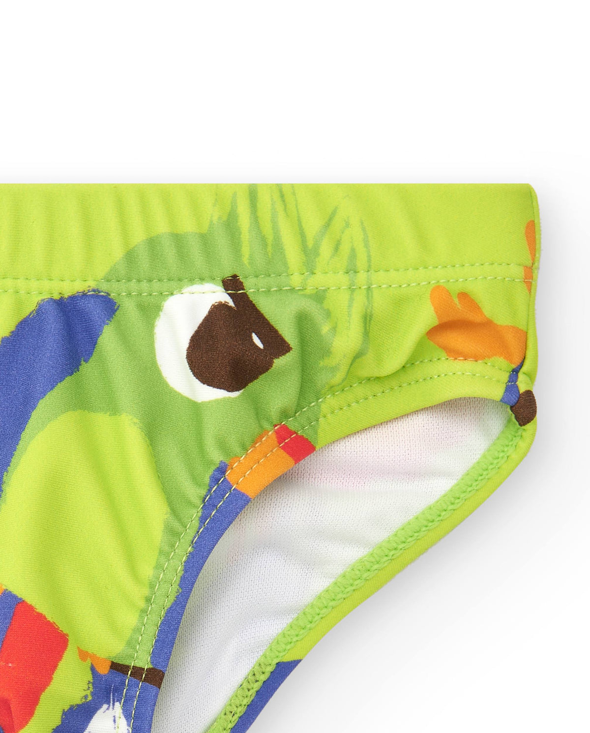 Bañador slip verde para niño con loros y estampado tropical
