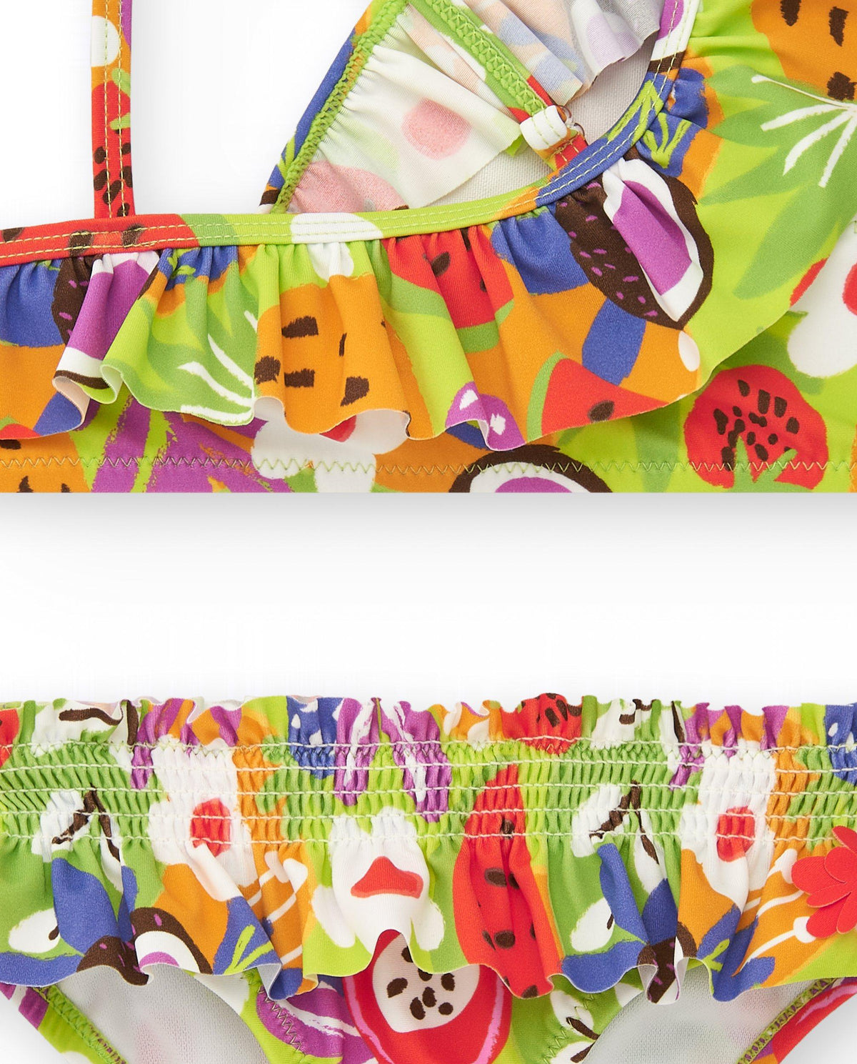 Bikini para niña con estampado de frutas y detalles fruncidos