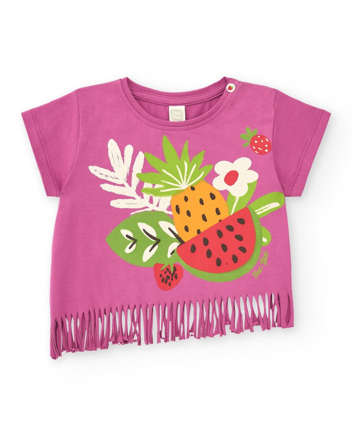 Camiseta lila para niña con flecos y estampado de frutas