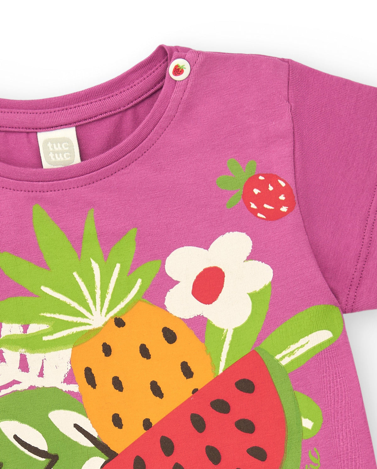 Camiseta lila para niña con flecos y estampado de frutas
