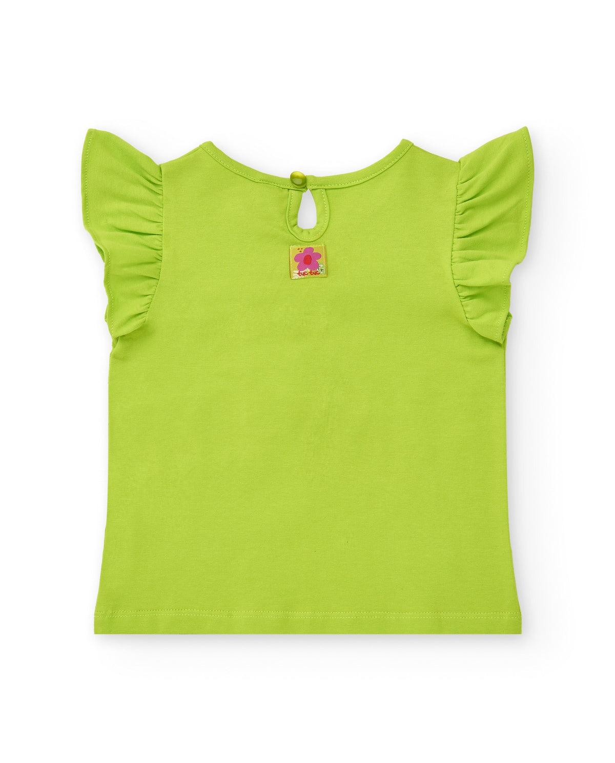 Camiseta verde para niña con volantes y flor de crochet