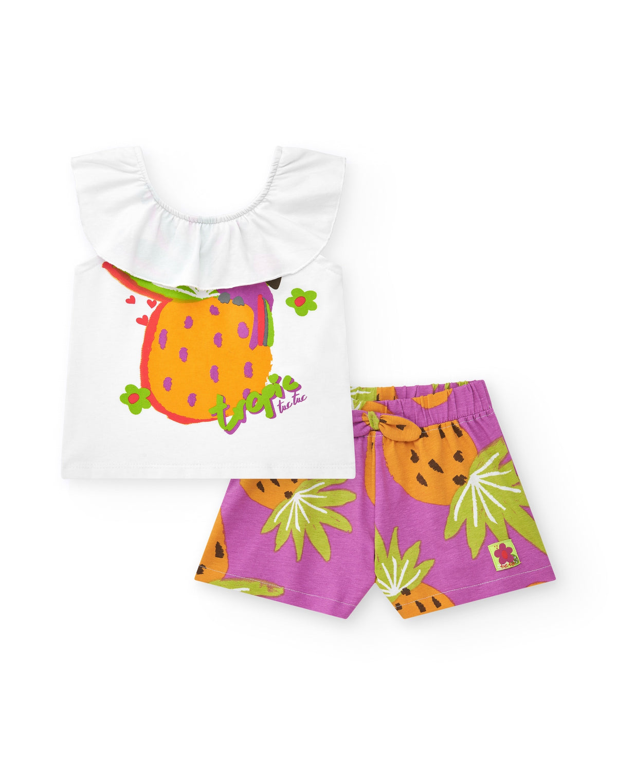 Conjunto para niña con camiseta blanca de piña y shorts morados