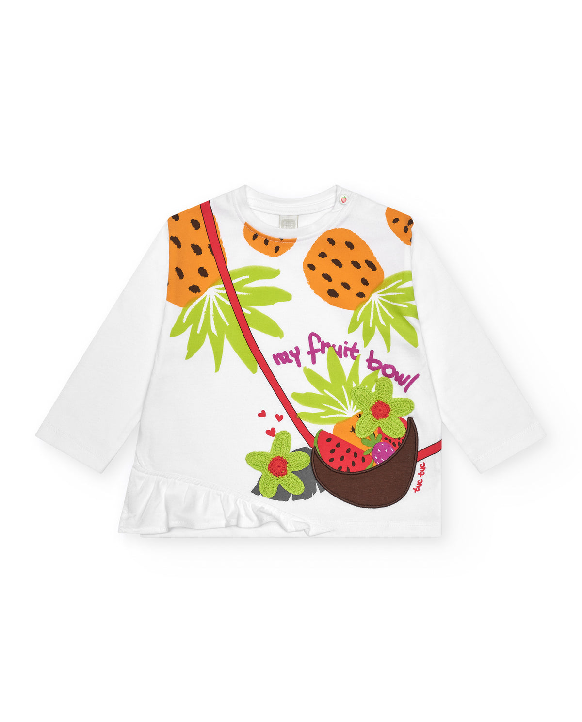 Camiseta blanca manga larga para niña con frutas bordadas y