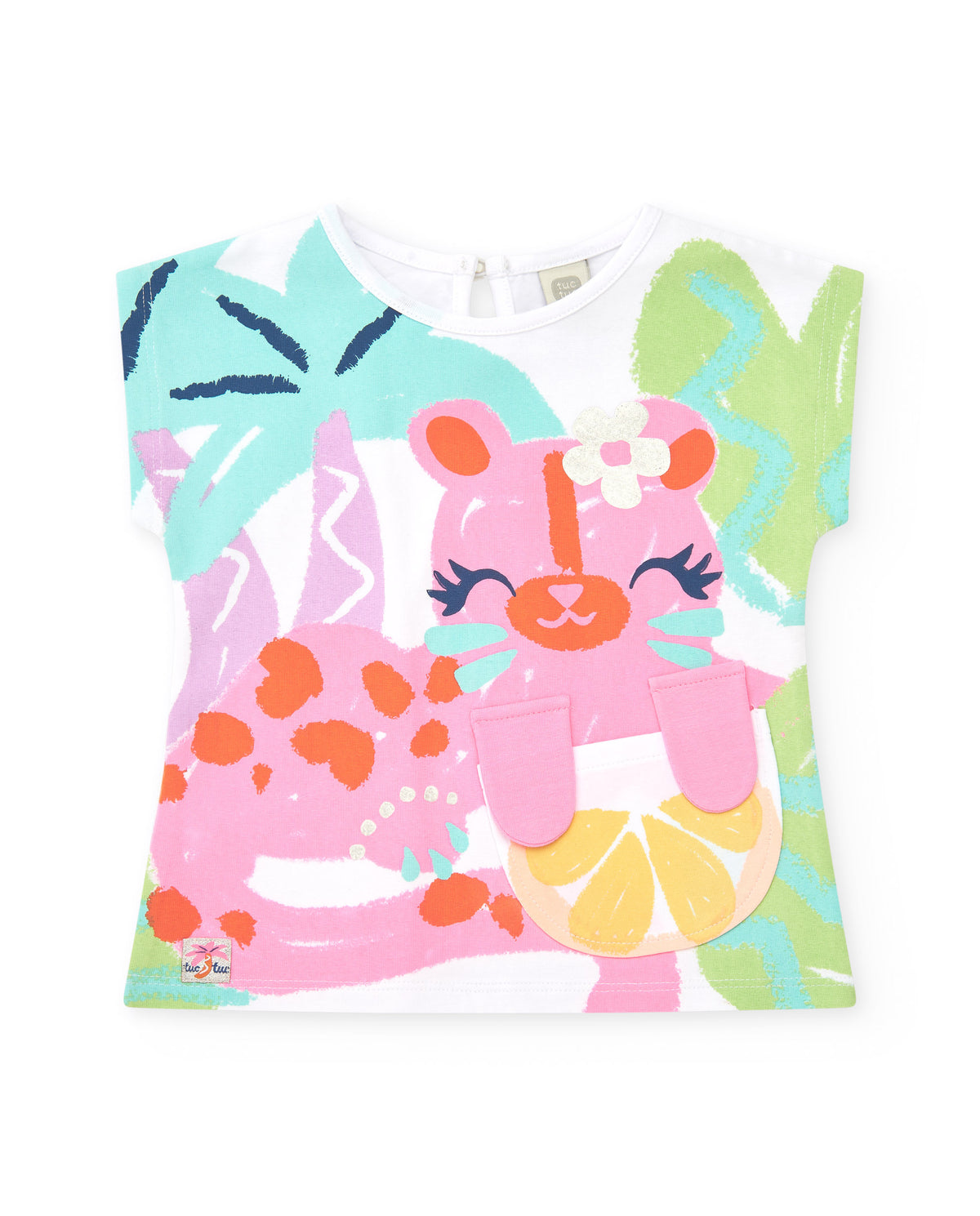 Camiseta blanca para niña con estampado tropical y cierre
