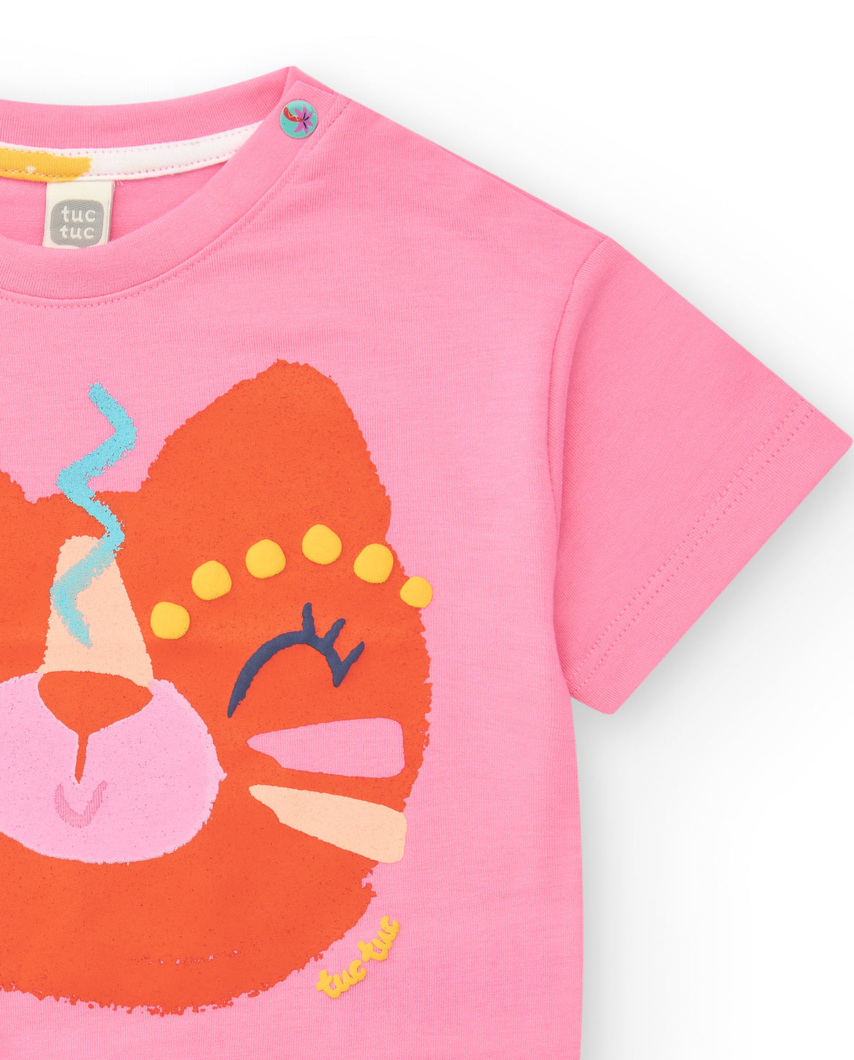 Camiseta rosa para niña con carita de animal y nudo inferior