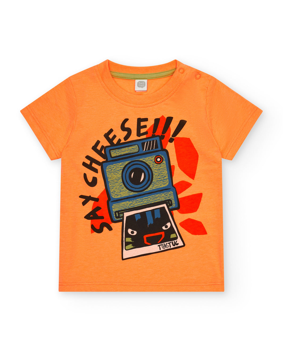 Camiseta naranja para niño con estampado de cámara y texto