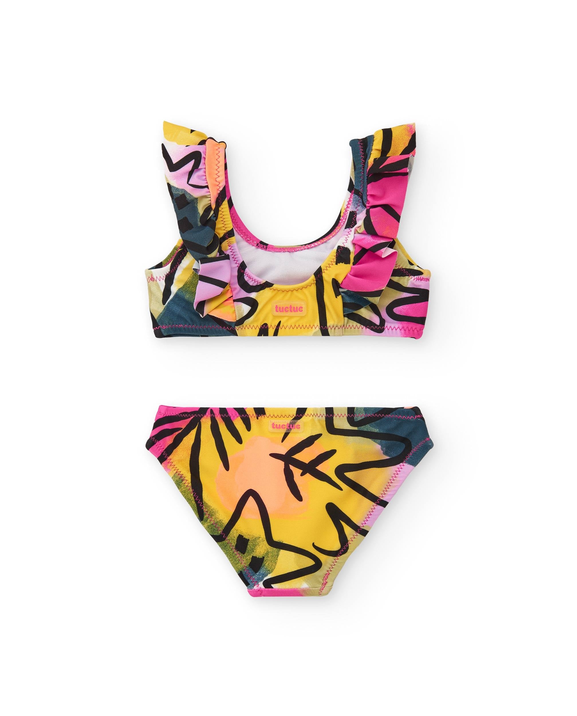 Bikini para niña en lila con estampado multicolor