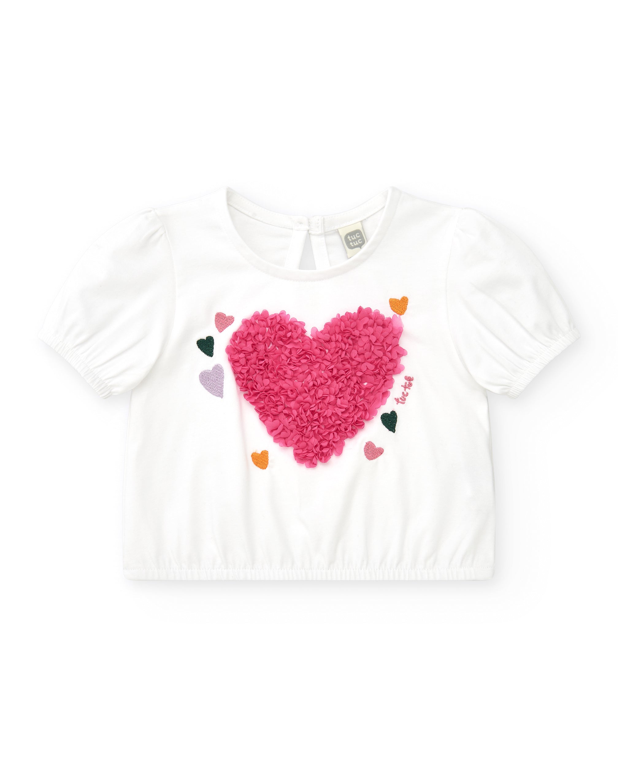 Camiseta para niña en blanco con mangas abullonadas y fruncido